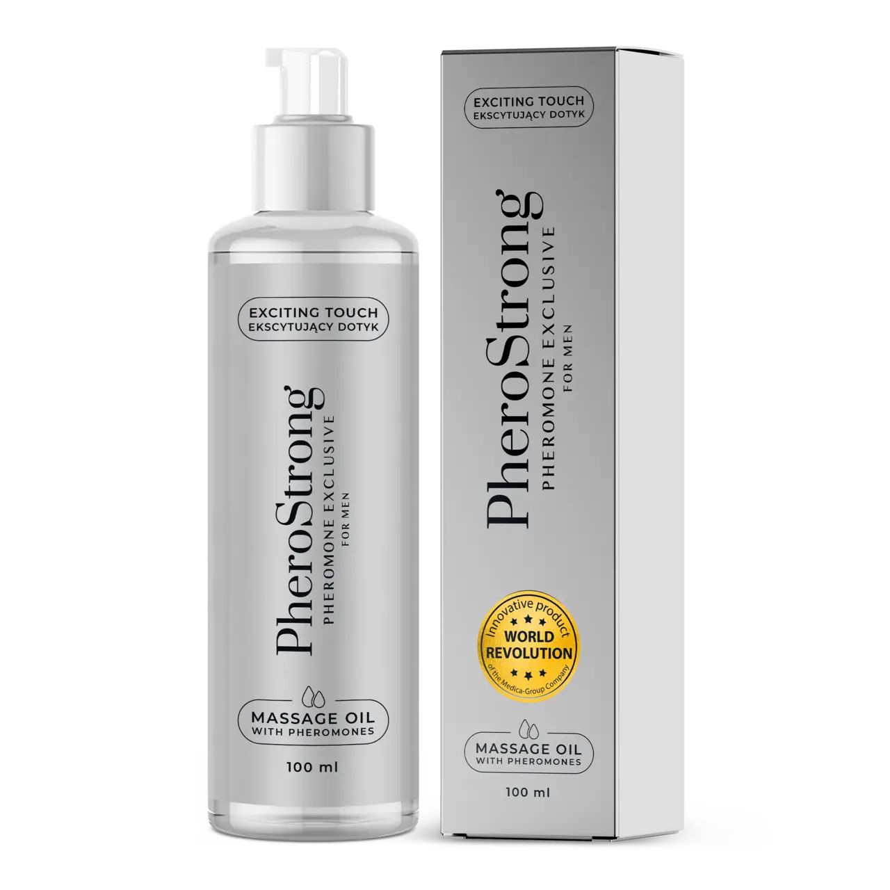 Flasche und Verpackung von PheroStrong Massageöl für Männer. Enthält Pheromone. Mit Aufschrift "Exciting Touch".