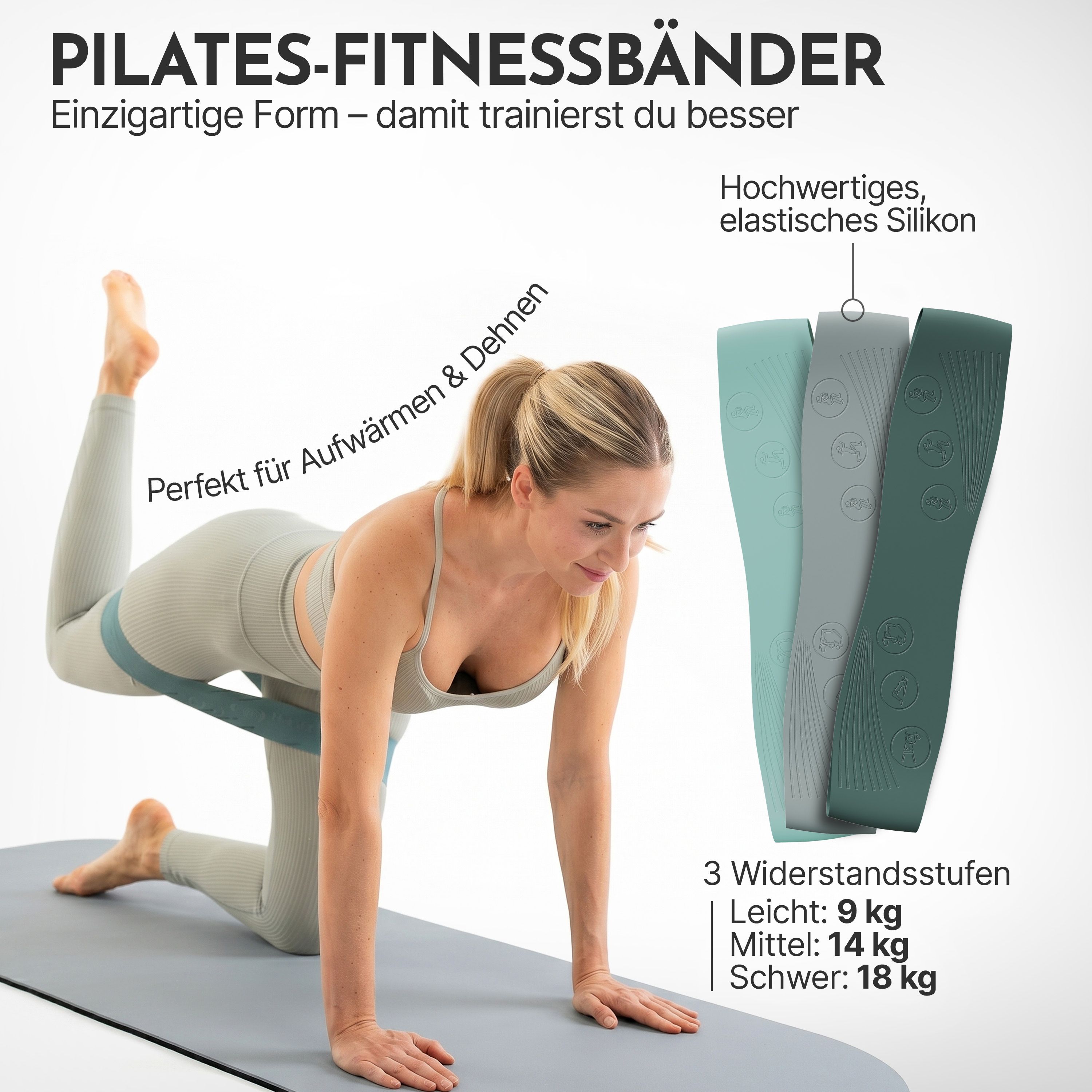 NEOLYMP Fitnessbänder aus Silikon. 3 Widerstandsstufen: Leicht (9kg), Mittel (14kg), Schwer (18kg).