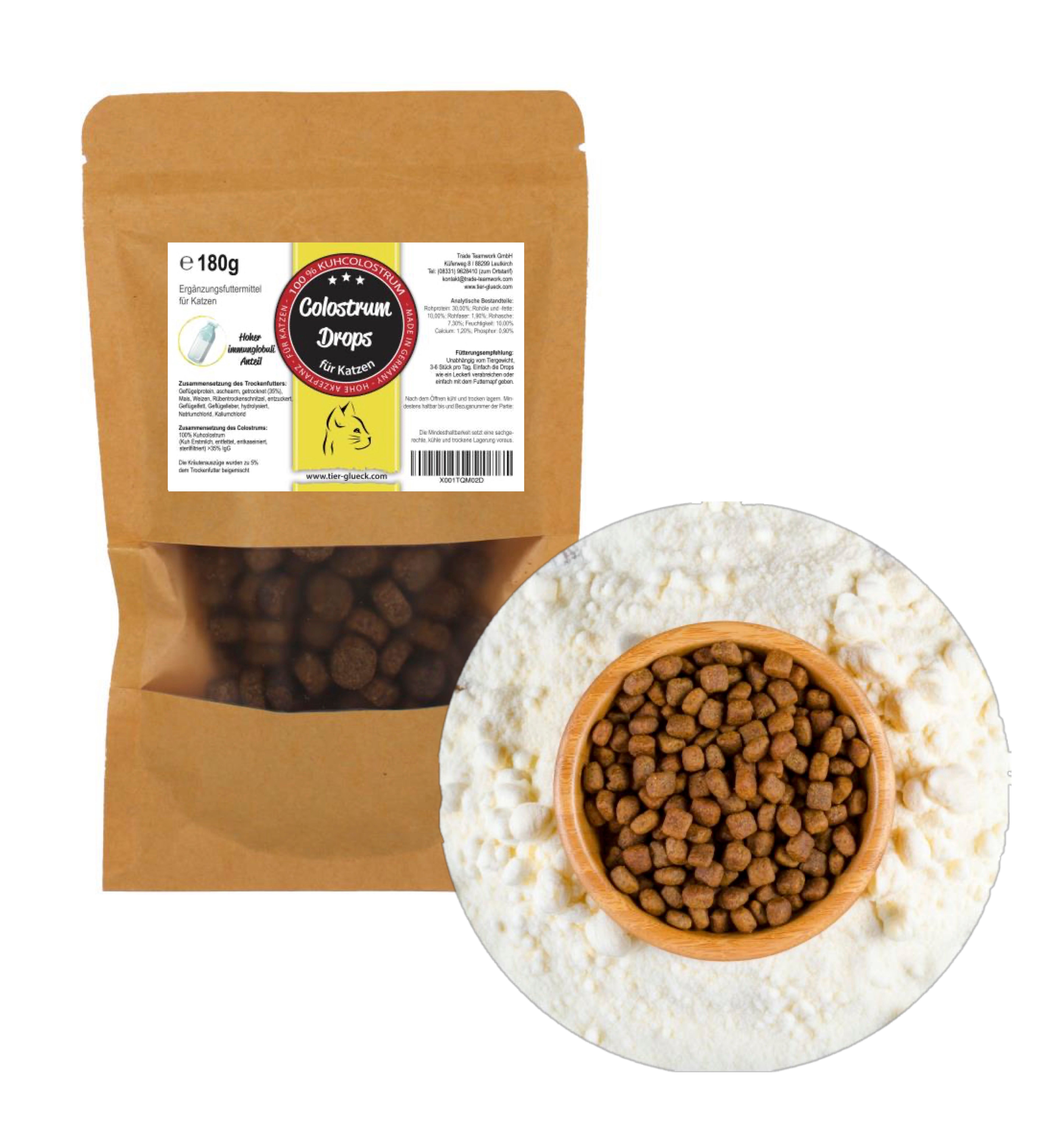 Braune Papiertüte mit Sichtfenster und Schale mit Drops auf weißem Pulver. Colostrum Drops für Katzen, 180g. Produktbezeichnung.