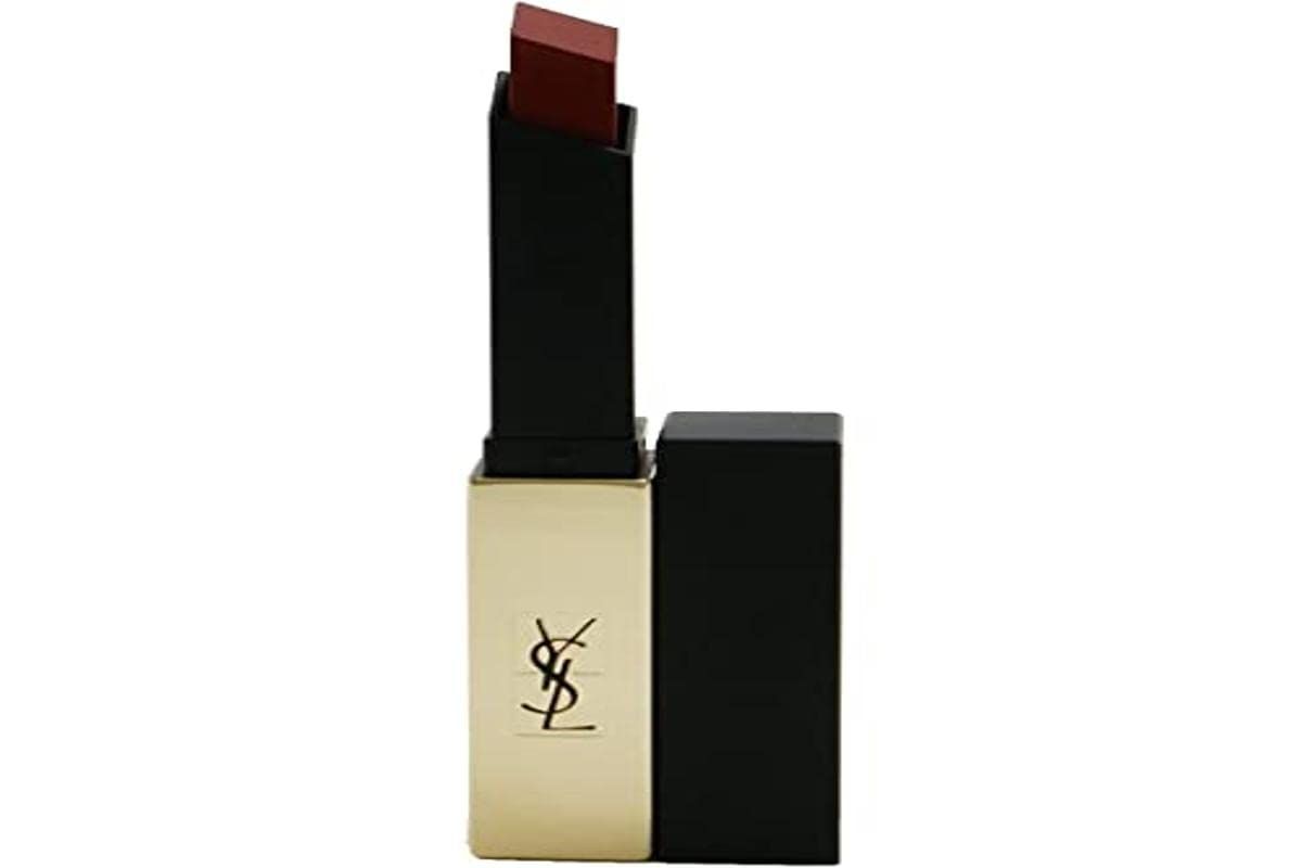 Schwarzer Lippenstift mit goldener Basis und roter Spitze. YSL-Logo sichtbar. Geöffneter Zustand.