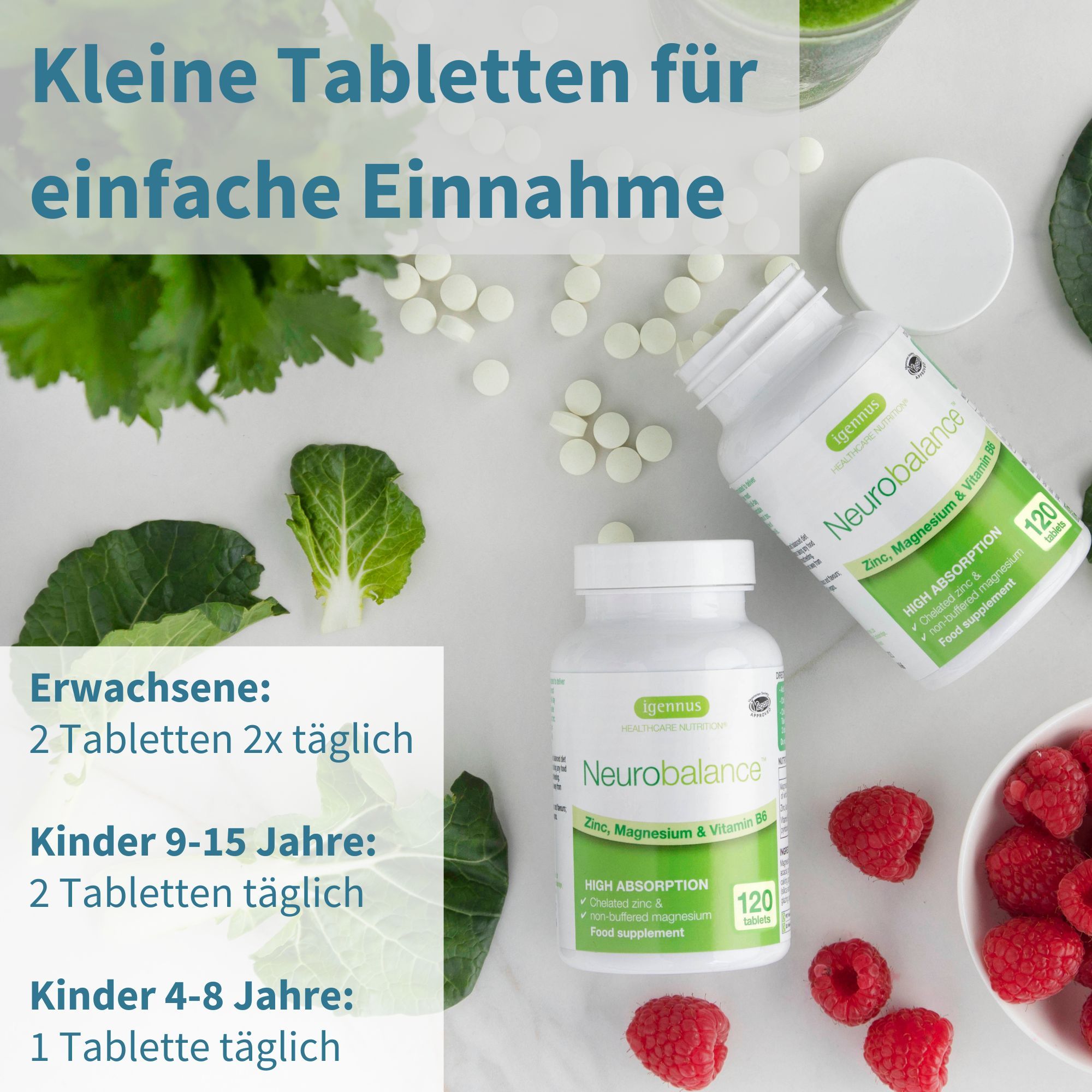 Zwei weiße Flaschen mit Tabletten. Text: Kleine Tabletten für einfache Einnahme. Erwachsene: 2 Tabletten 2x täglich. Kinder 9-15 Jahre: 2 Tabletten täglich.