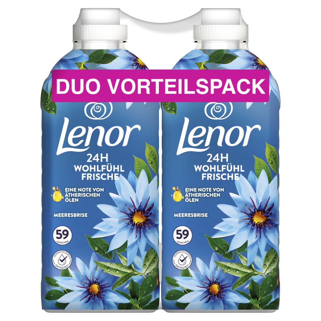 Zwei Flaschen Lenor Weichspüler Meeresbrise Duo. Blaue Flaschen mit Blütenmotiv und Produktinformationen. Duo Vorteilspack.