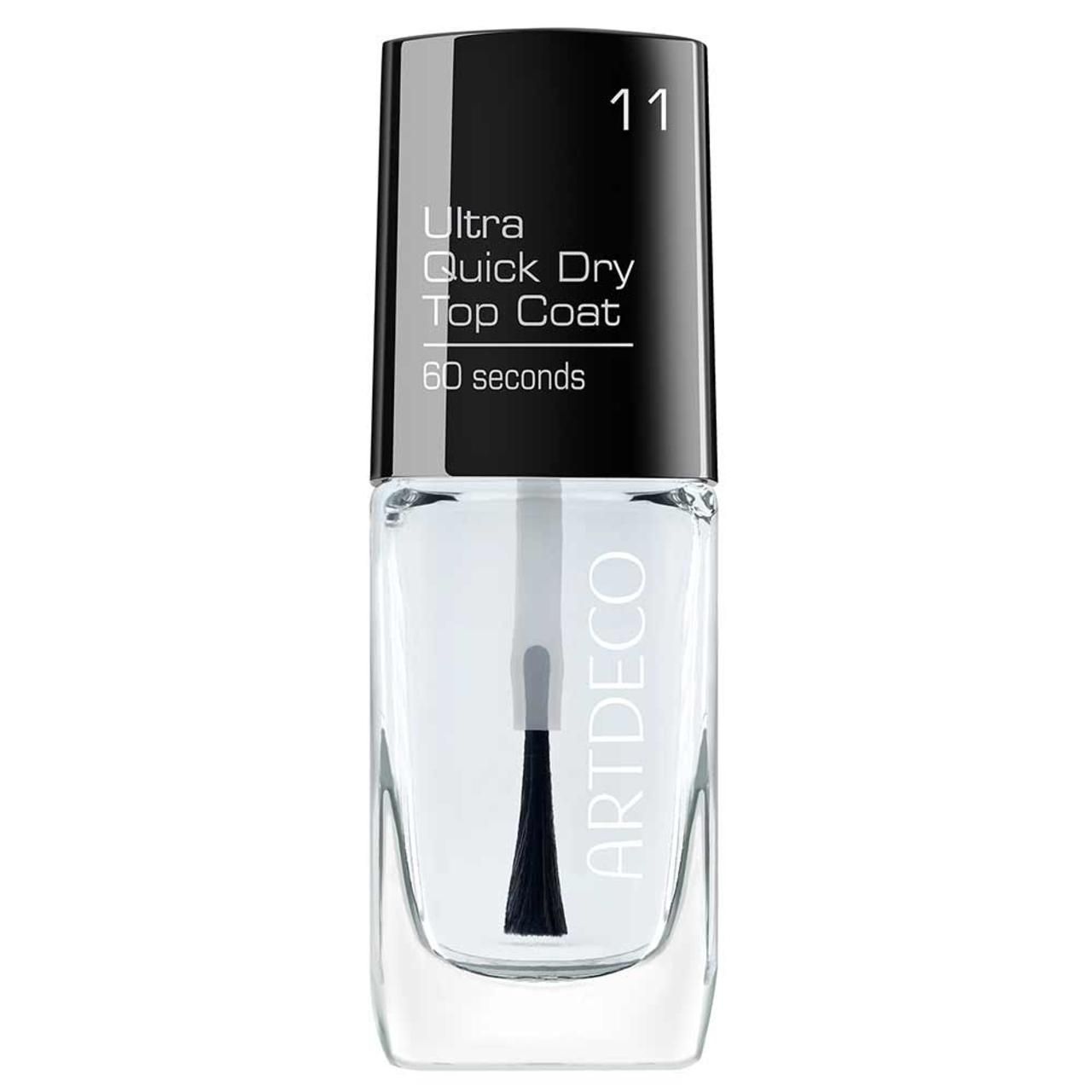 Klare Nagellackflasche mit schwarzem Deckel. Aufschrift: Ultra Quick Dry Top Coat, 60 seconds. Marke: ARTDECO.