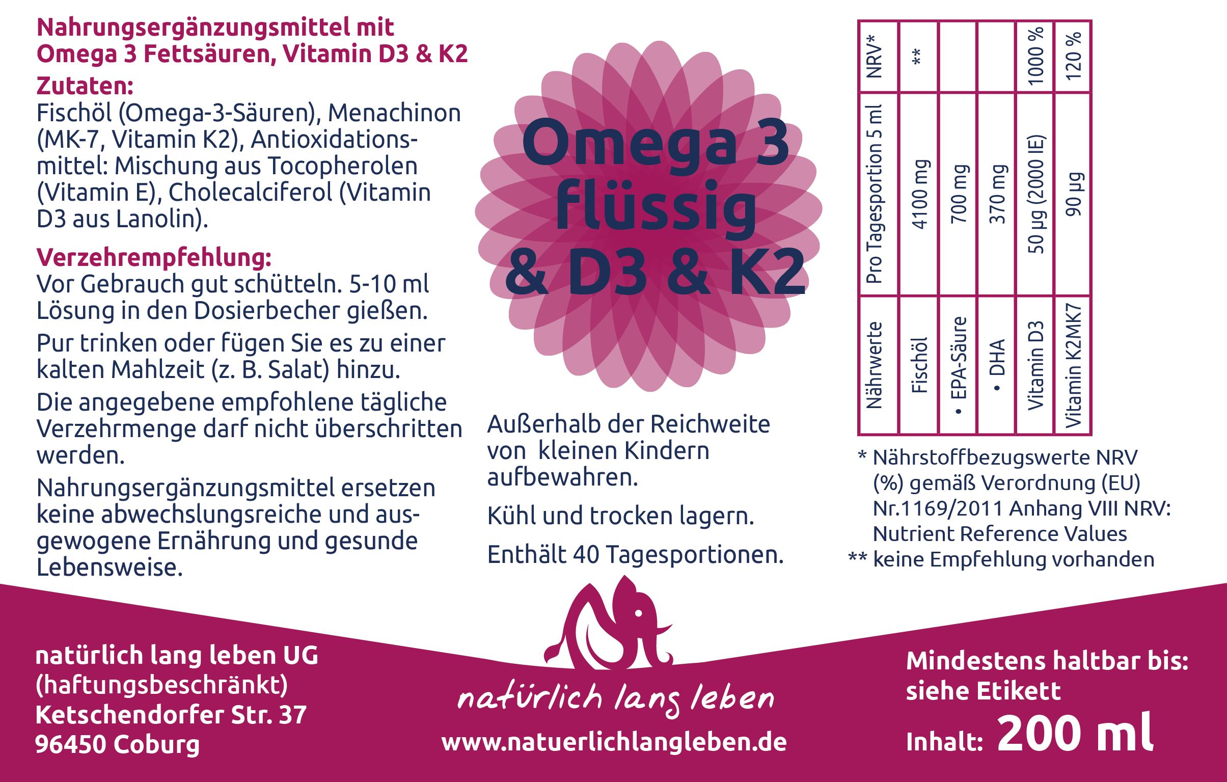 Etikett mit Produktinformationen: Name, Inhaltsstoffe, Nährwertangaben, Dosierung, Hersteller.
