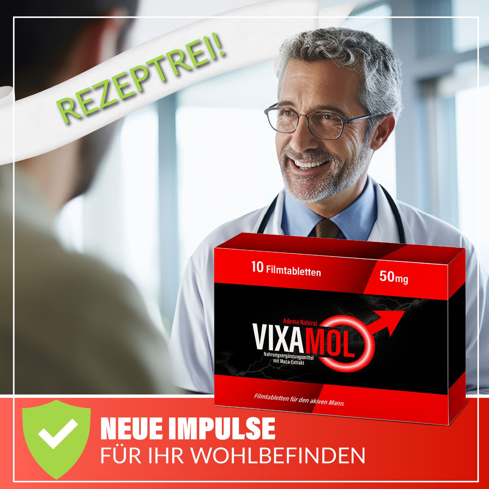 Arzt hält eine rote Schachtel mit 'VIXAMOL' und '10 Filmtabletten'. Aufschrift: 'Neue Impulse für Ihr Wohlbefinden'.