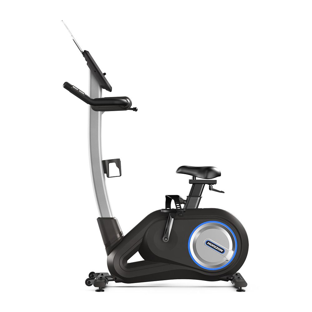 Fahrradtrainer, schwarz-silber, mit Sattel, Lenker und Display. Blaue Akzente. Horizon-Logo auf der Seite.