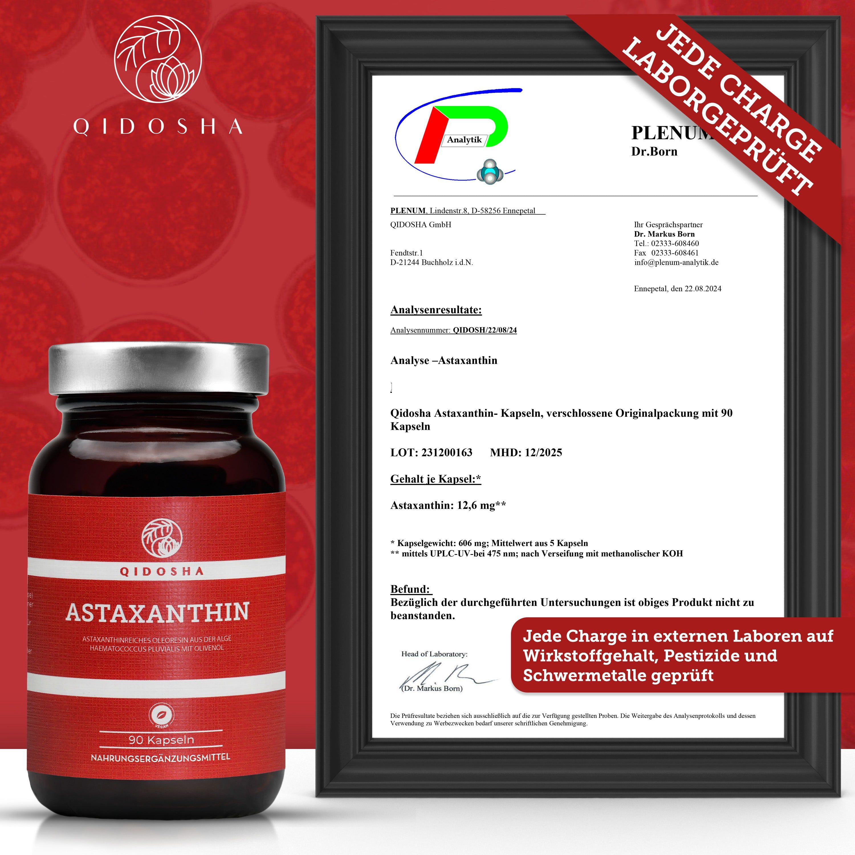 QIDOSHA Astaxanthin Kapseln in Braunglasflasche neben einem Laborprüfzertifikat.