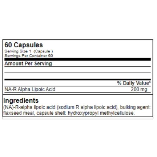 Etikett mit Informationen zu NA-R-Alpha-Liponsäure-Kapseln. Enthält Inhaltsstoffe, Dosierung und Nährwertangaben.