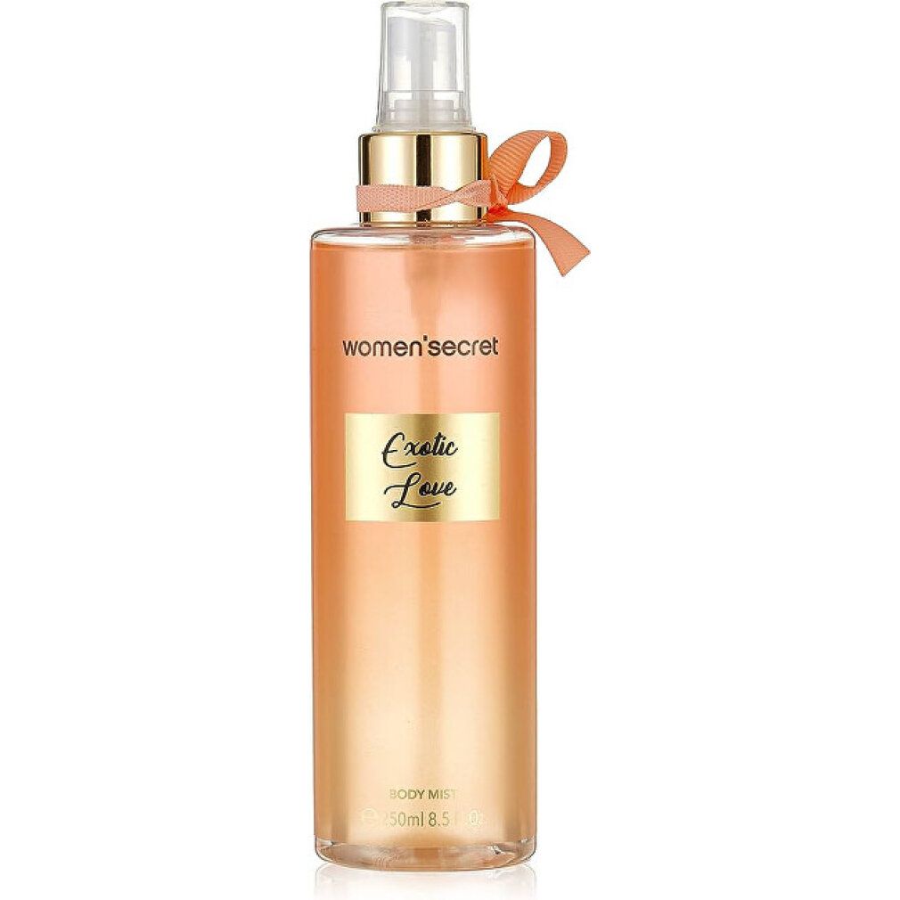 Women's Secret Body Mist Exotic Love in einem transparenten Flakon mit rosa Schleife.