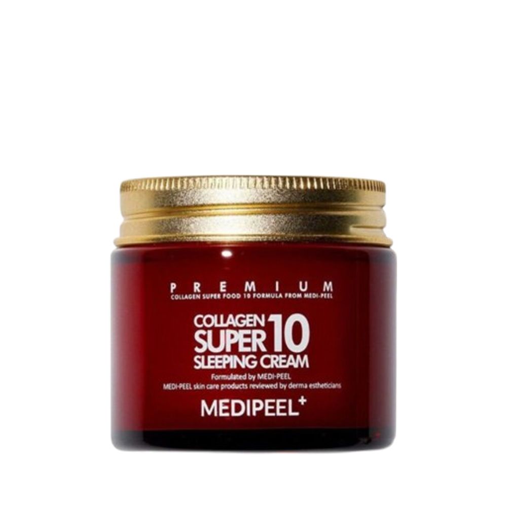 Roter Tiegel mit goldenem Deckel. Aufschrift: Collagen Super 10 Sleeping Cream. Marke: Medipeel.
