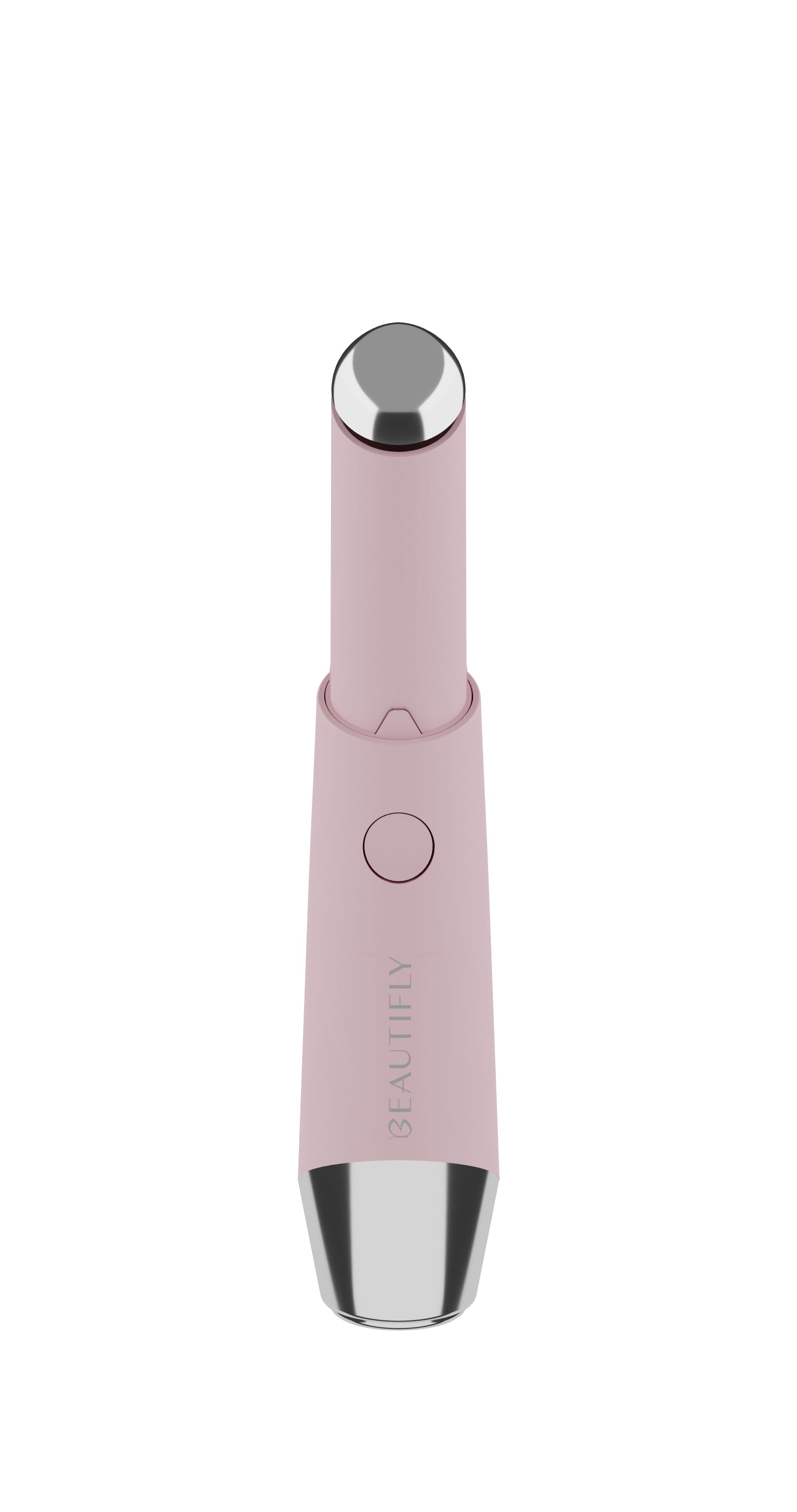 Rosa Gerät mit silbernen Enden und Knopf. Aufschrift BEAUTIFLY. LED-Lichttherapiegerät.