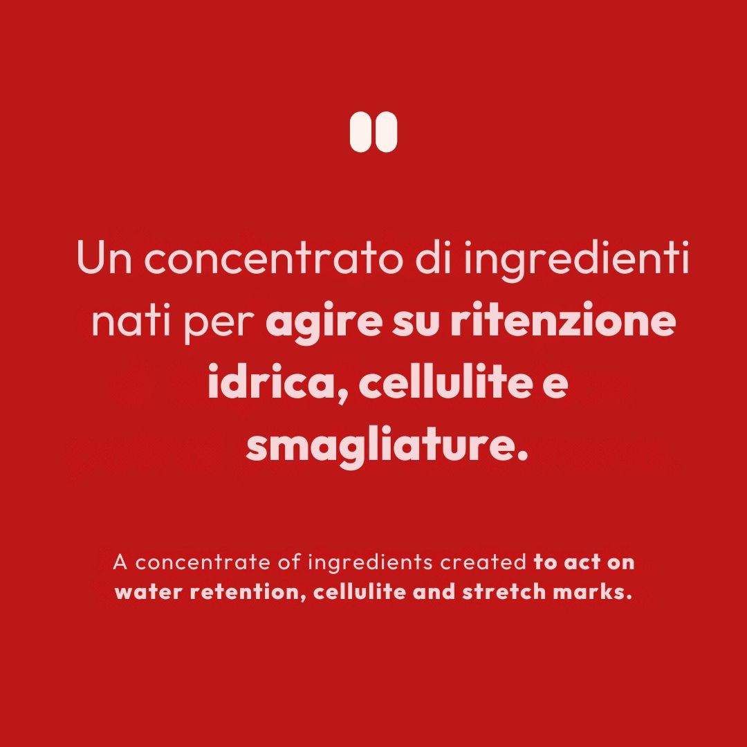 Sfondo rosso con testo bianco. Il testo recita: "Un concentrato di ingredienti creati per agire su ritenzione idrica, cellulite e smagliature."