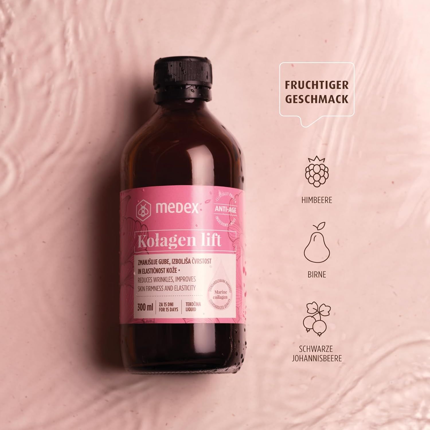 Flasche Medex Kollagen-Lift-Lösung. Text: 'Fruchtiger Geschmack'. Abbildungen von Himbeere, Birne, schwarze Johannisbeere.