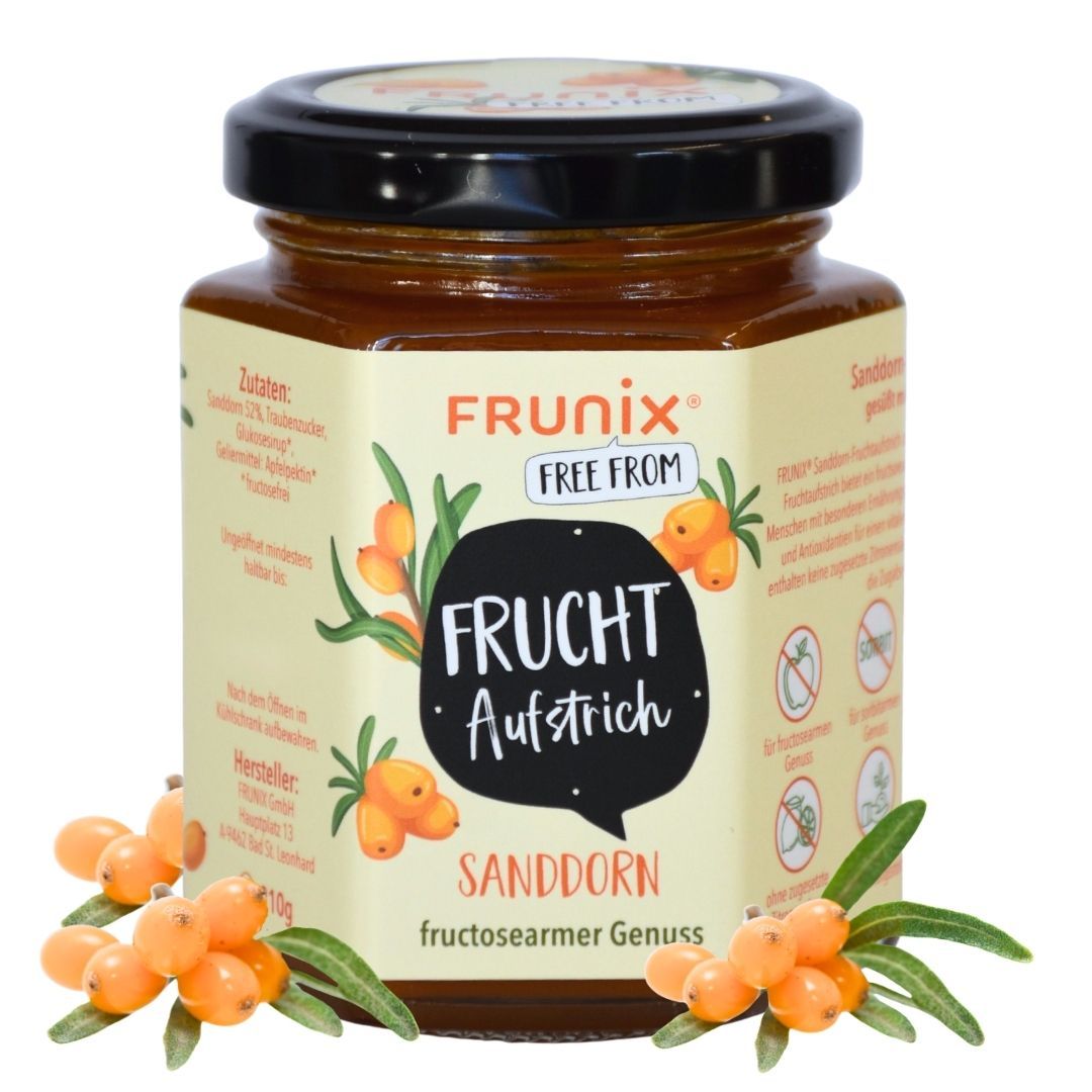 Glas FRUNIX® Sanddorn-Fruchtaufstrich. Logo: FRUNIX® FREE FROM. Abbildung von Sanddornbeeren. Text: fructosearmer Genuss. Sanddornbeeren umgeben das Glas.
