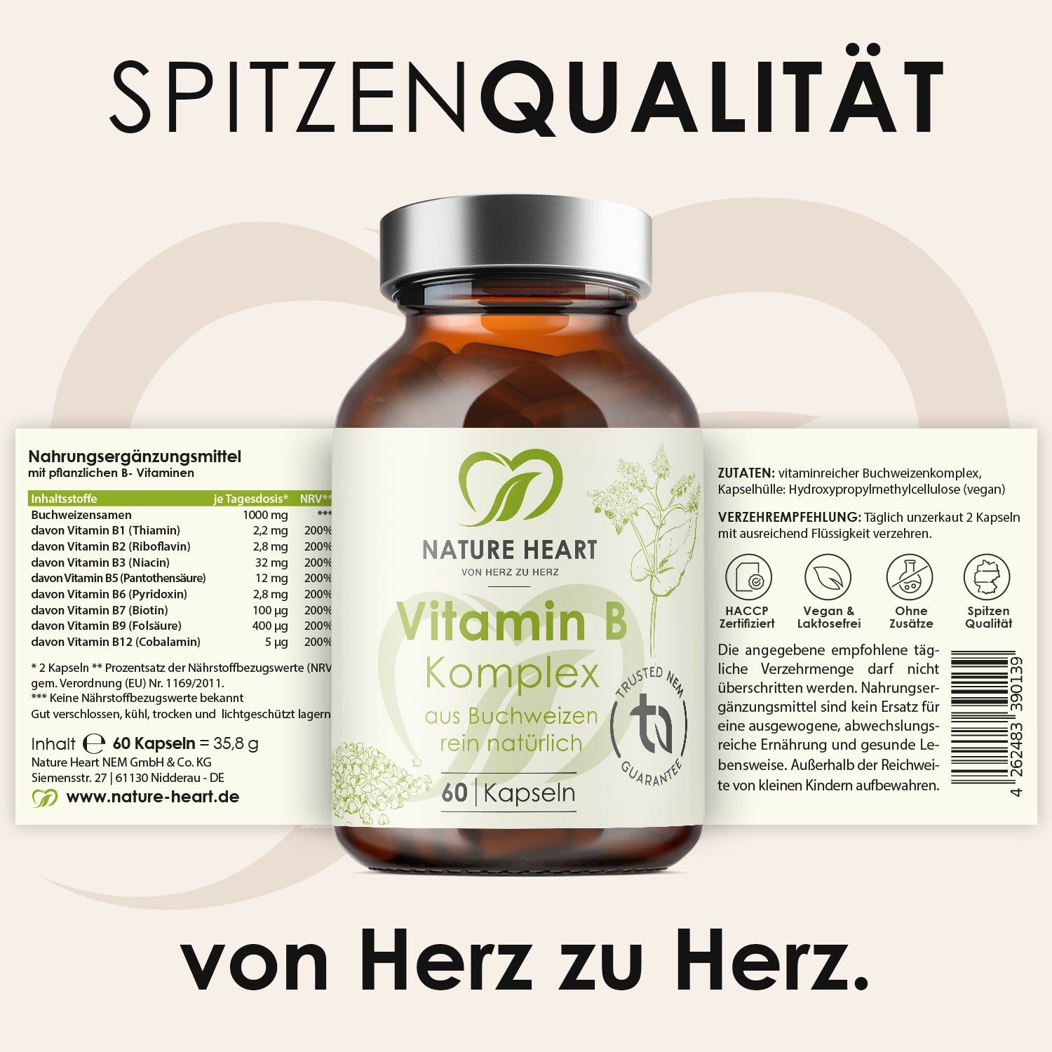 Braune Glasflasche mit Vitamin B Komplex Kapseln. Text: Nature Heart, Vitamin B Komplex, 60 Kapseln. Aufklappbares Etikett mit Inhaltsstoffen und Nährwertangaben.