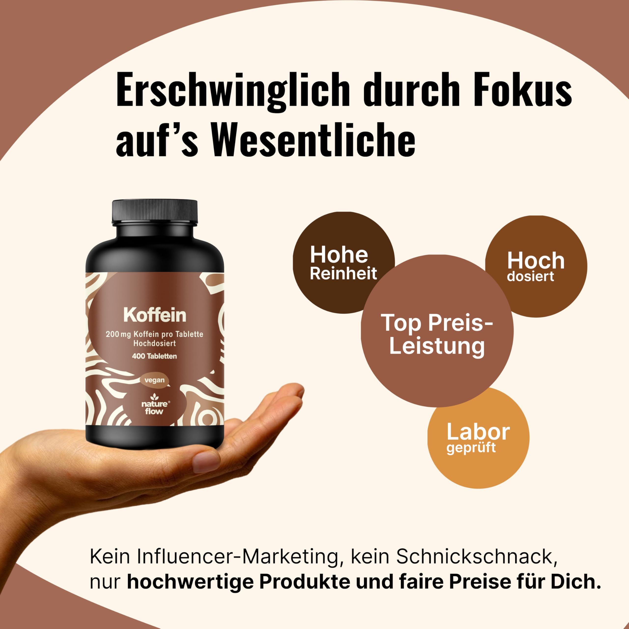 Produktflasche Koffein in Hand. Text: Hohe Reinheit, Top Preis-Leistung, Labor geprüft. Marke: nature flow.