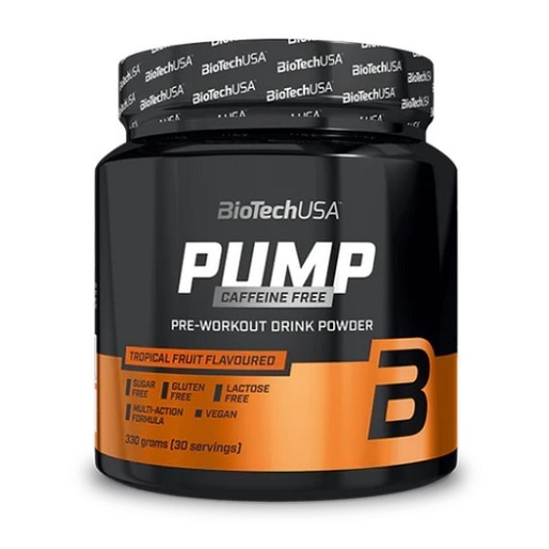 Schwarze Dose mit Aufschrift "PUMP Caffeine Free". Orangefarbener Streifen mit Text. Marke: BioTechUSA. 330g Pulver.