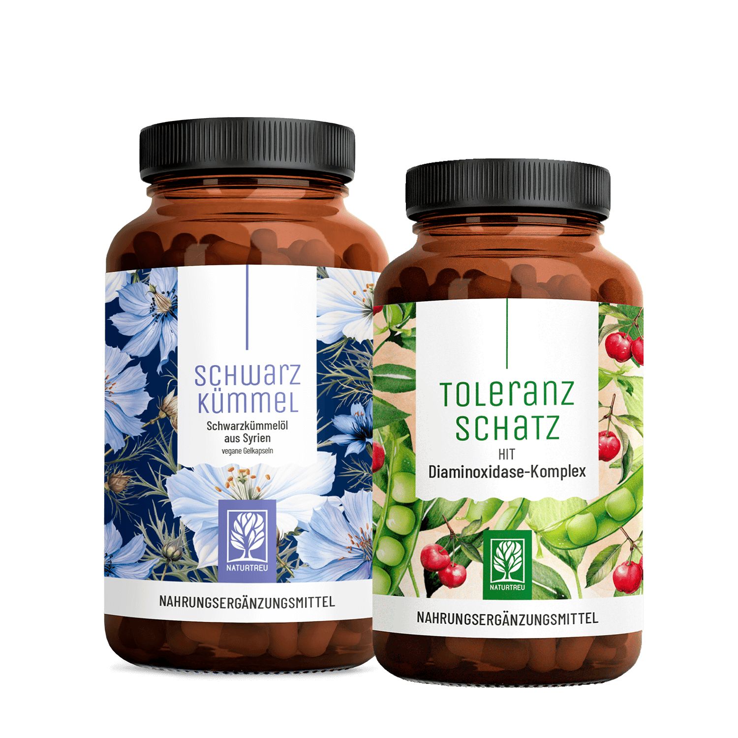 Zwei braune Flaschen mit Kapseln. Auf der linken Flasche steht "SCHWARZKÜMMEL". Auf der rechten Flasche steht "TOLERANZ SCHATZ".