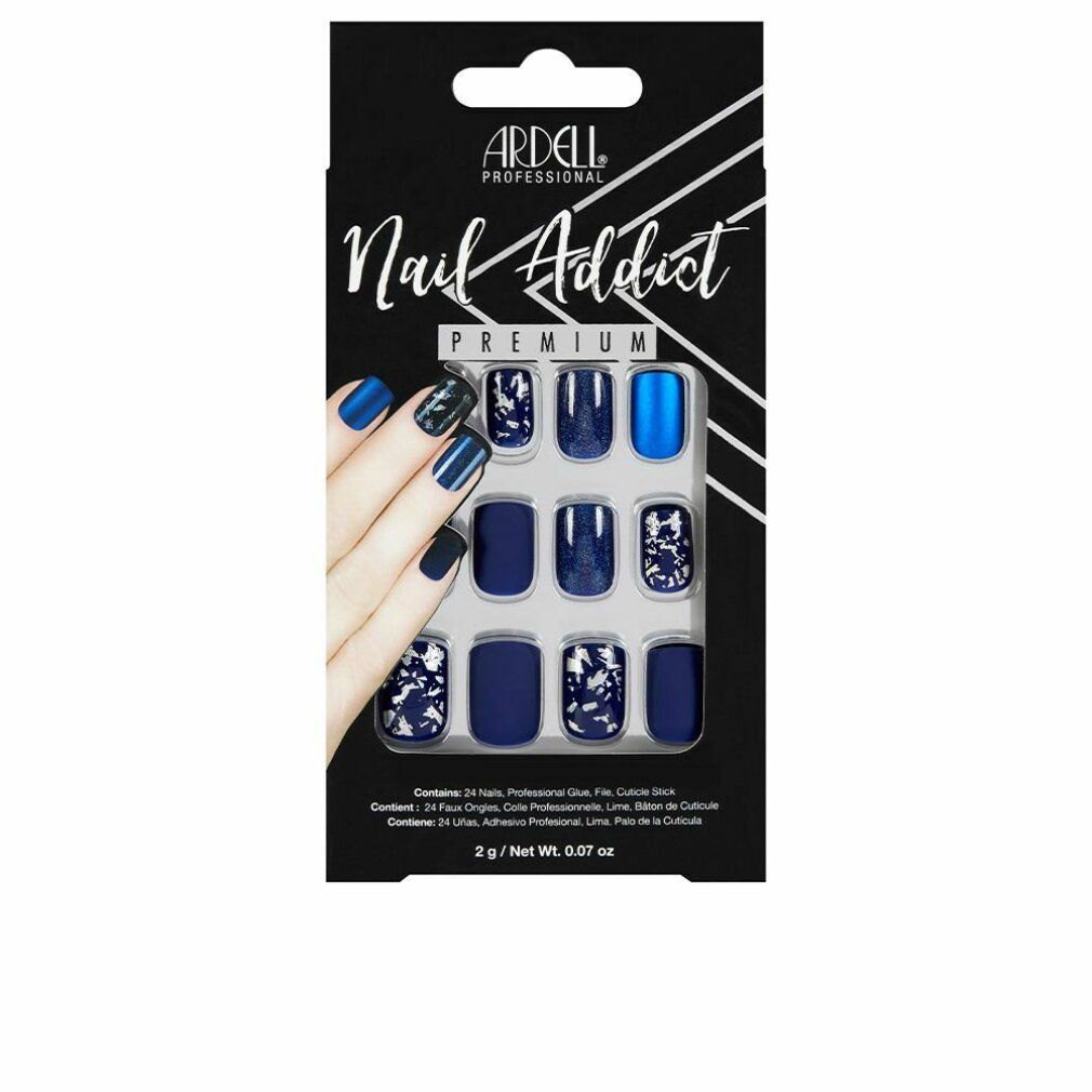 Ardell Nail Addict Matte Blue Kunstnägel. Schwarze Verpackung mit Produktabbildung. 24 Nägel, Kleber, Feile, Nagelhautstab.