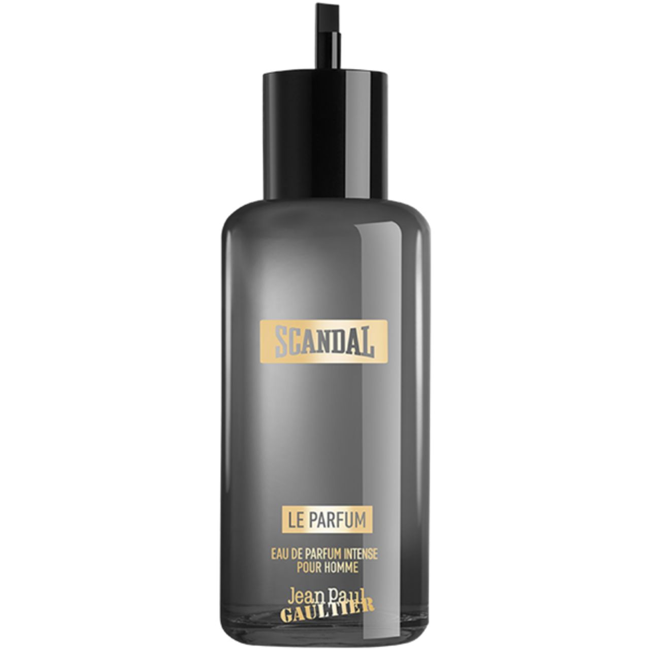 Graue Parfumflasche mit schwarzem Verschluss. Aufschrift: Scandal Le Parfum, Jean Paul Gaultier. Eau de Parfum Intense Pour Homme.