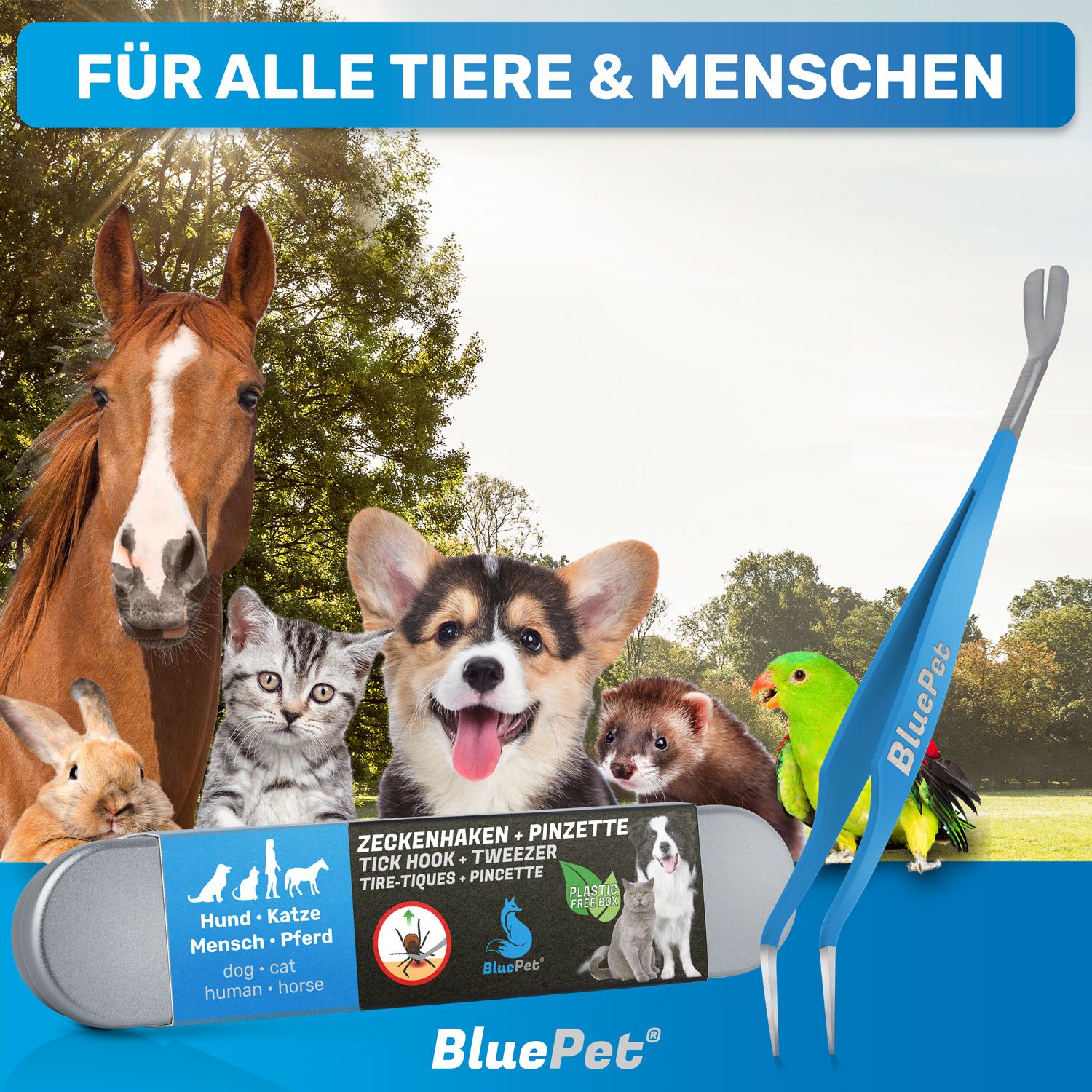 Zeckenhaken und Pinzette mit Tieren. Enthält Hund, Katze, Pferd, Hase, Vogel. Aufschrift: BluePet, Zeckenentferner.