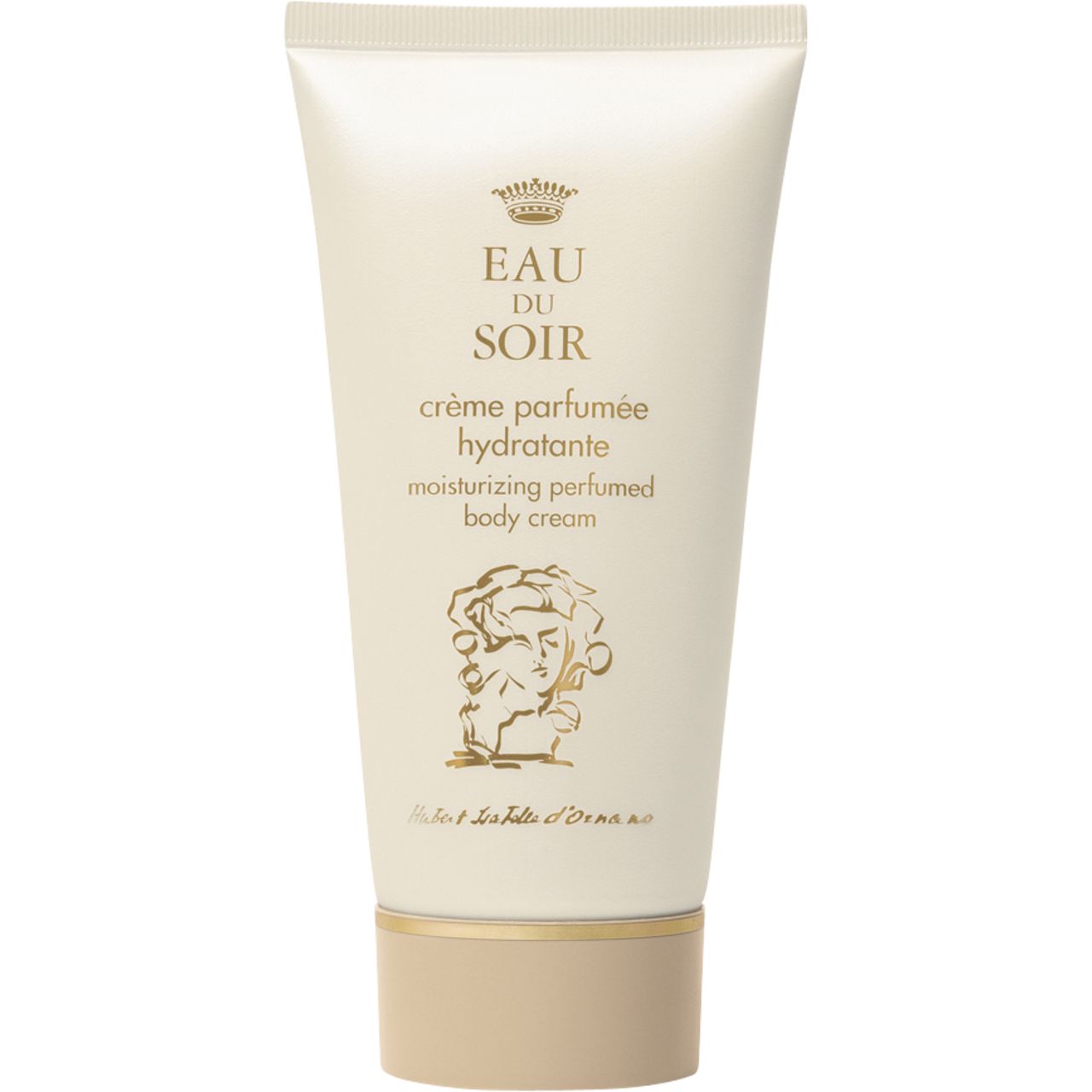 Creme-Tube, weiß mit goldfarbenen Akzenten. Aufschrift: Eau du Soir, Crème Parfumée Hydratante, Sisley.