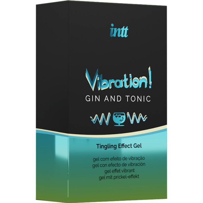 Produktverpackung. Schwarze Schachtel mit türkisfarbener Schrift. Aufschrift: Vibration! Gin & Tonic.