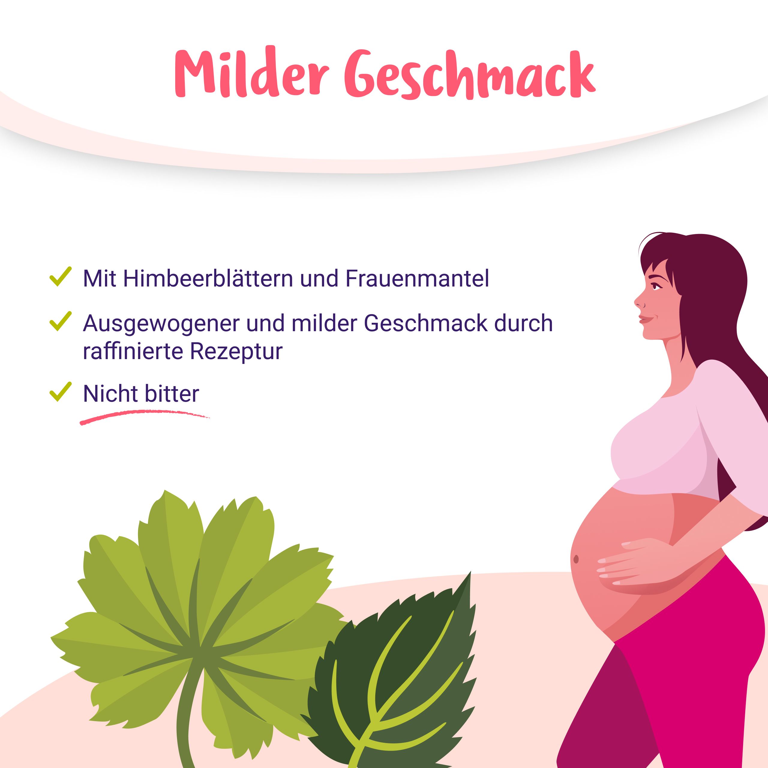 PregniVital Bio Kräutertee mit Himbeerblättern und Frauenmantel. Milder Geschmack, nicht bitter. Profil einer schwangeren Frau.
