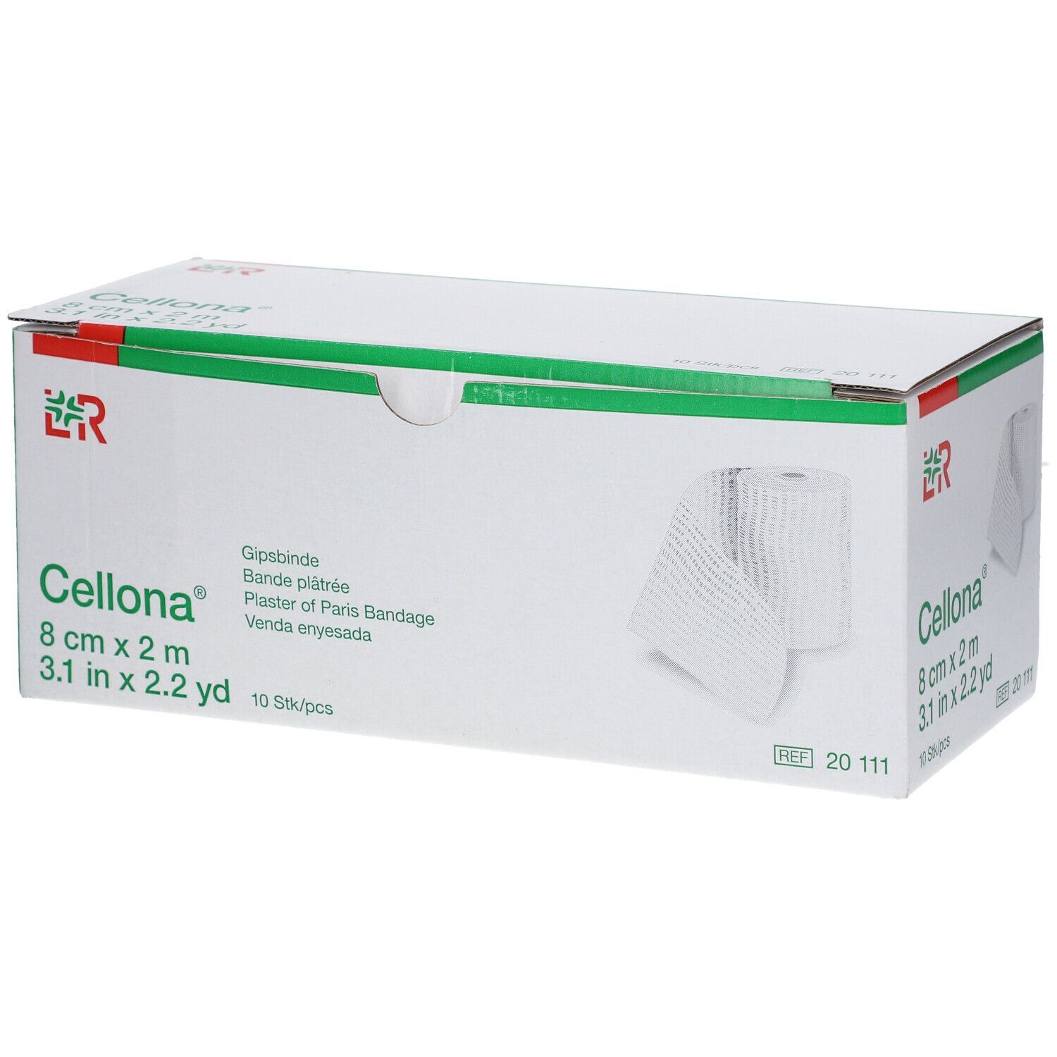 Cellona Gipsbinde-Verpackung. Weißer Karton mit grünen und roten Akzenten. Produktname und Maße deutlich sichtbar.
