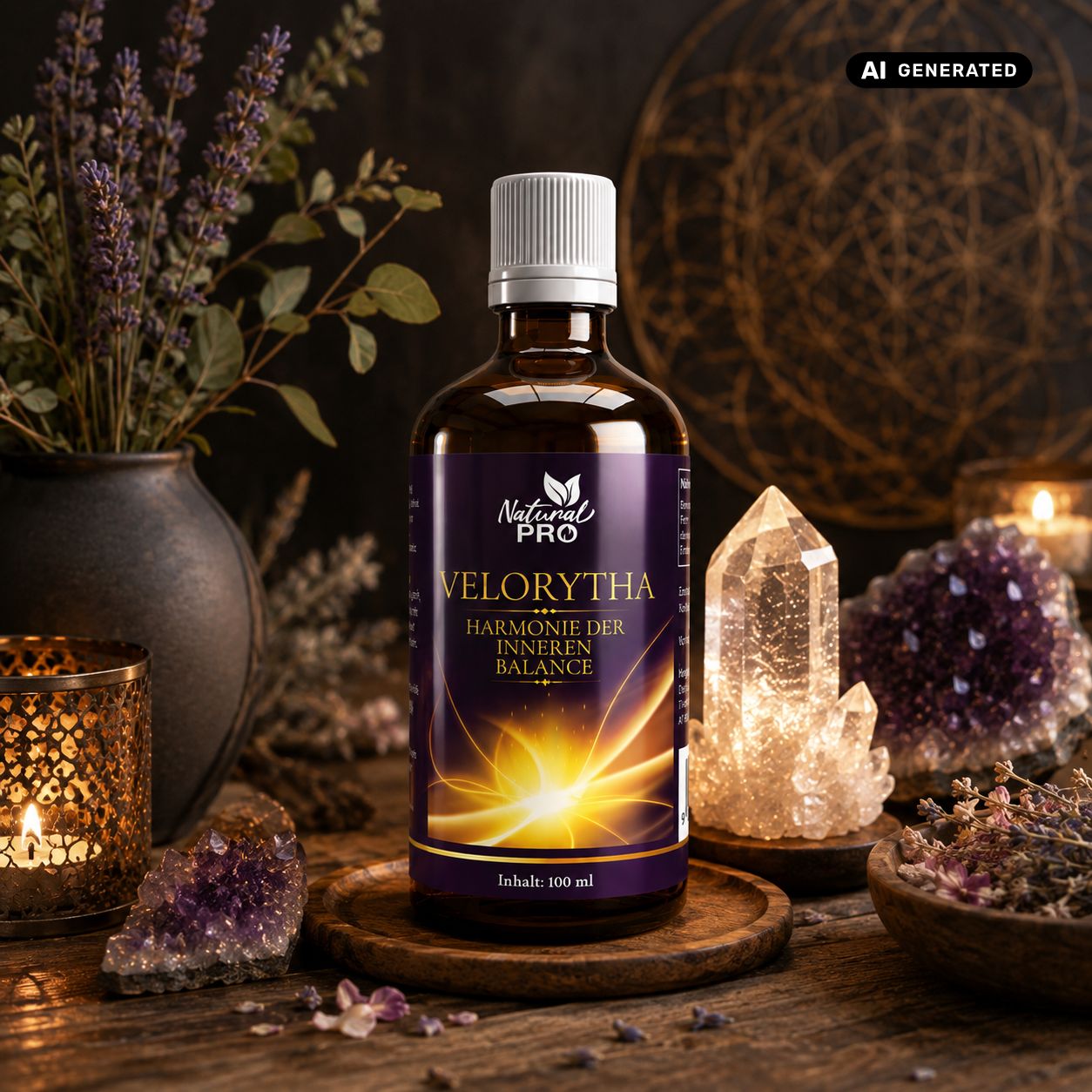 Velorytha Essenzflasche auf Holzpodest, umgeben von Kristallen, Kerzen und Lavendel.