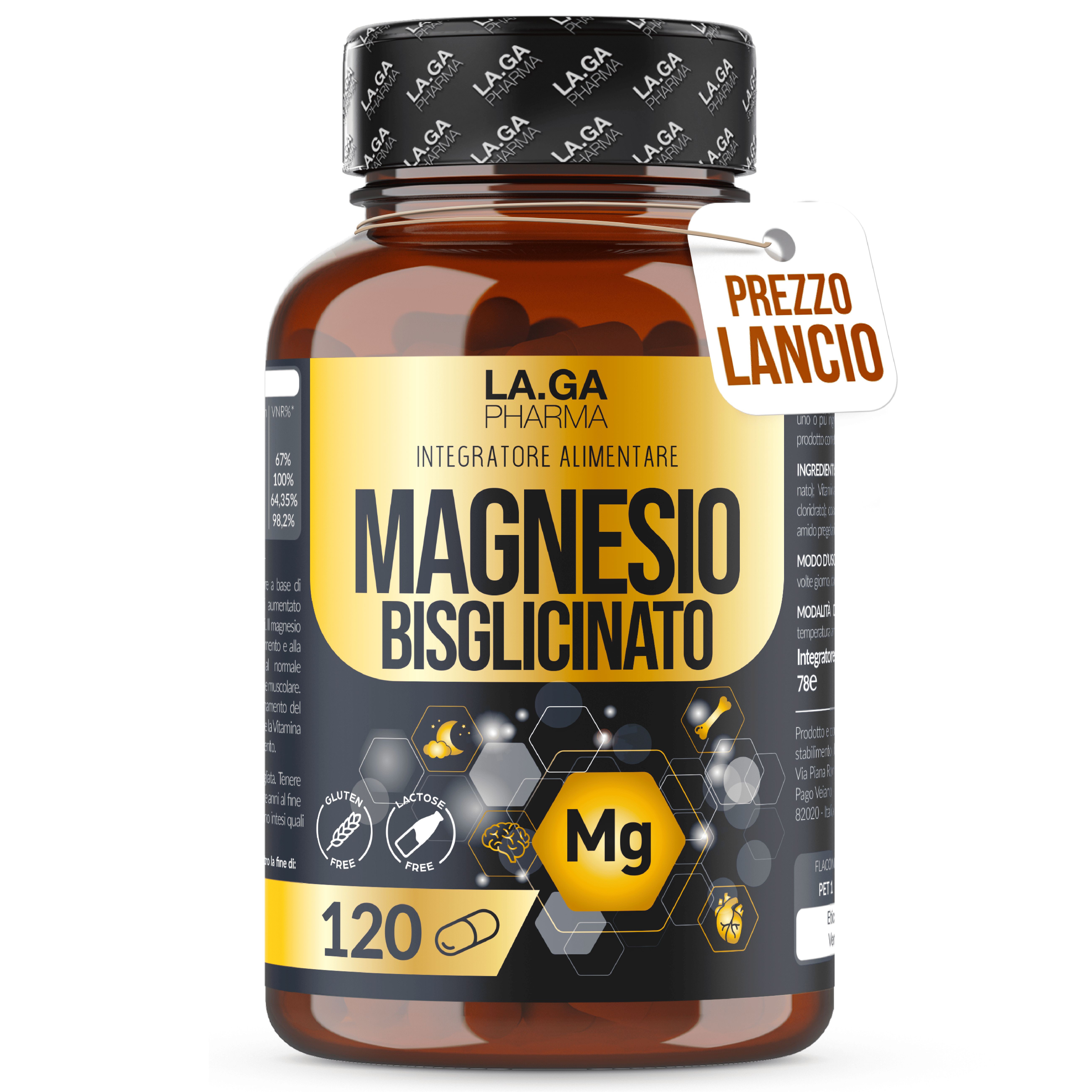 MAGNESIO BISGLICINATO (Fornitura Fino a 4 Mesi), Magnesio Completo 120 Capsule con Vitamine B5, B6|