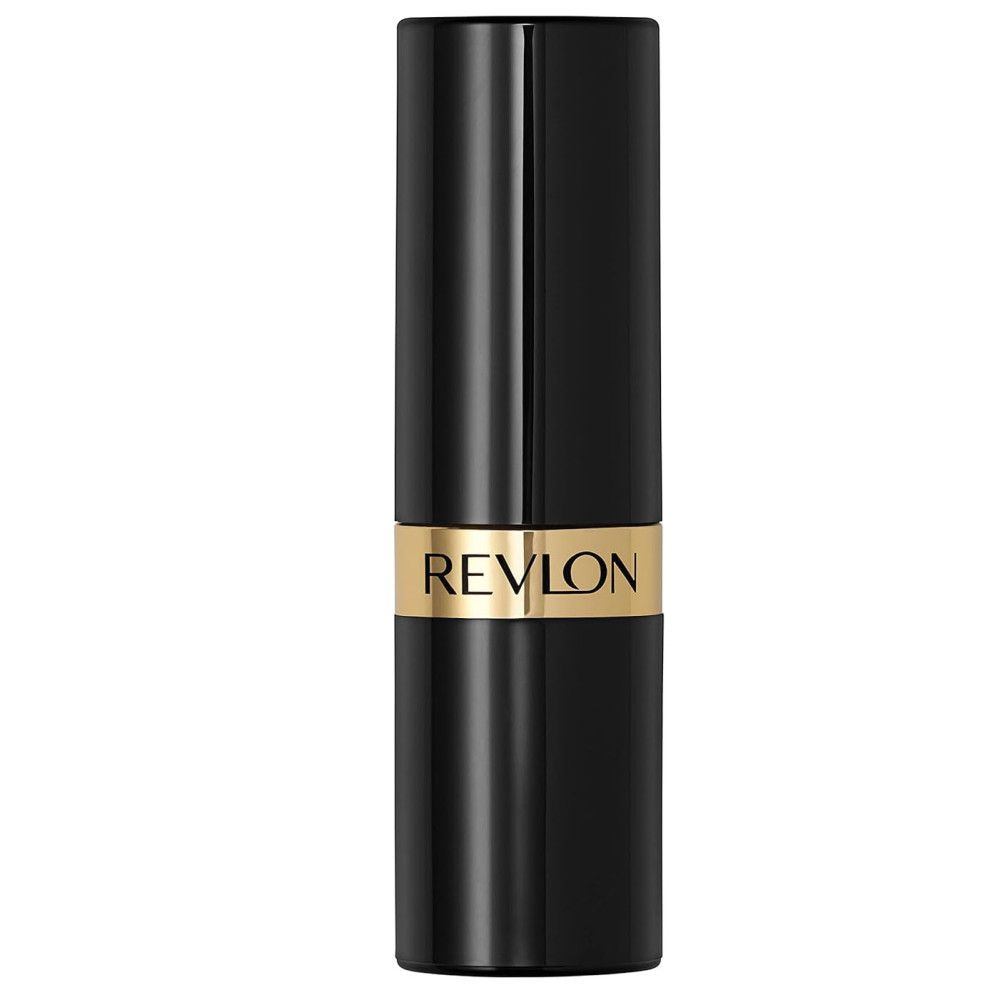 Geschlossener Lippenstift. Schwarzer Stift mit goldfarbenem Band und Aufschrift: REVLON.