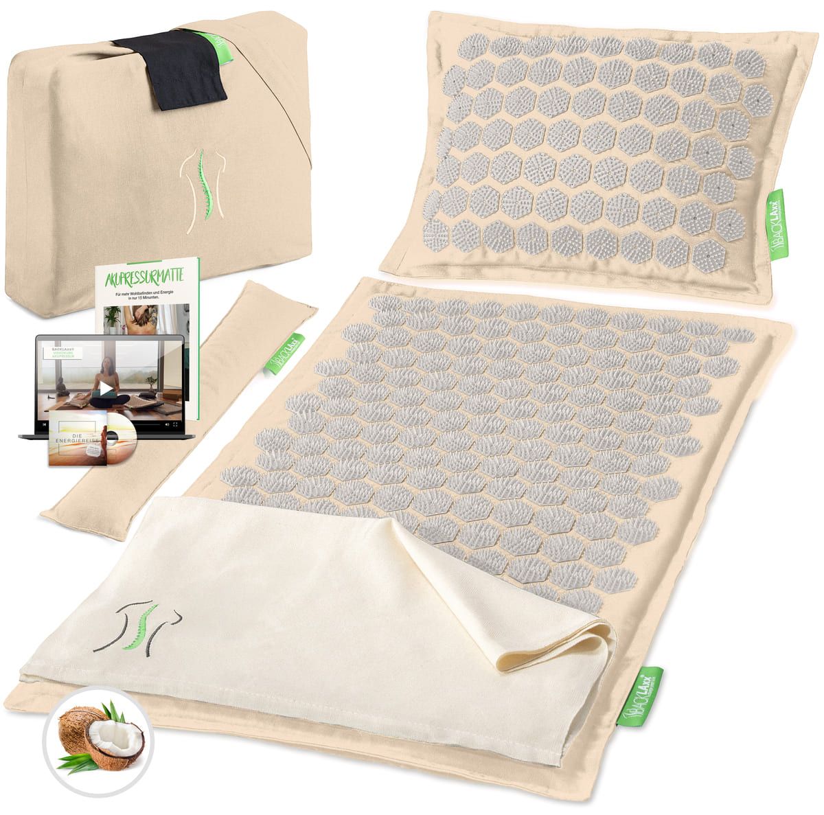Akupressurmatten Set mit Zubehör. Enthält Matte, Kissen, Tasche, Broschüre, DVD, und weitere Teile. Kokosfaser-Symbol.