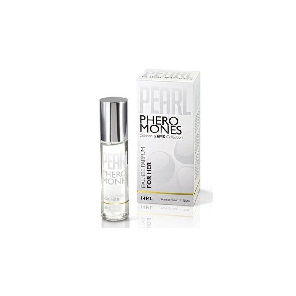 Flakon und Verpackung. Flakon mit silbernem Deckel. Verpackung weiß mit Aufschrift "Pearl Pheromones".