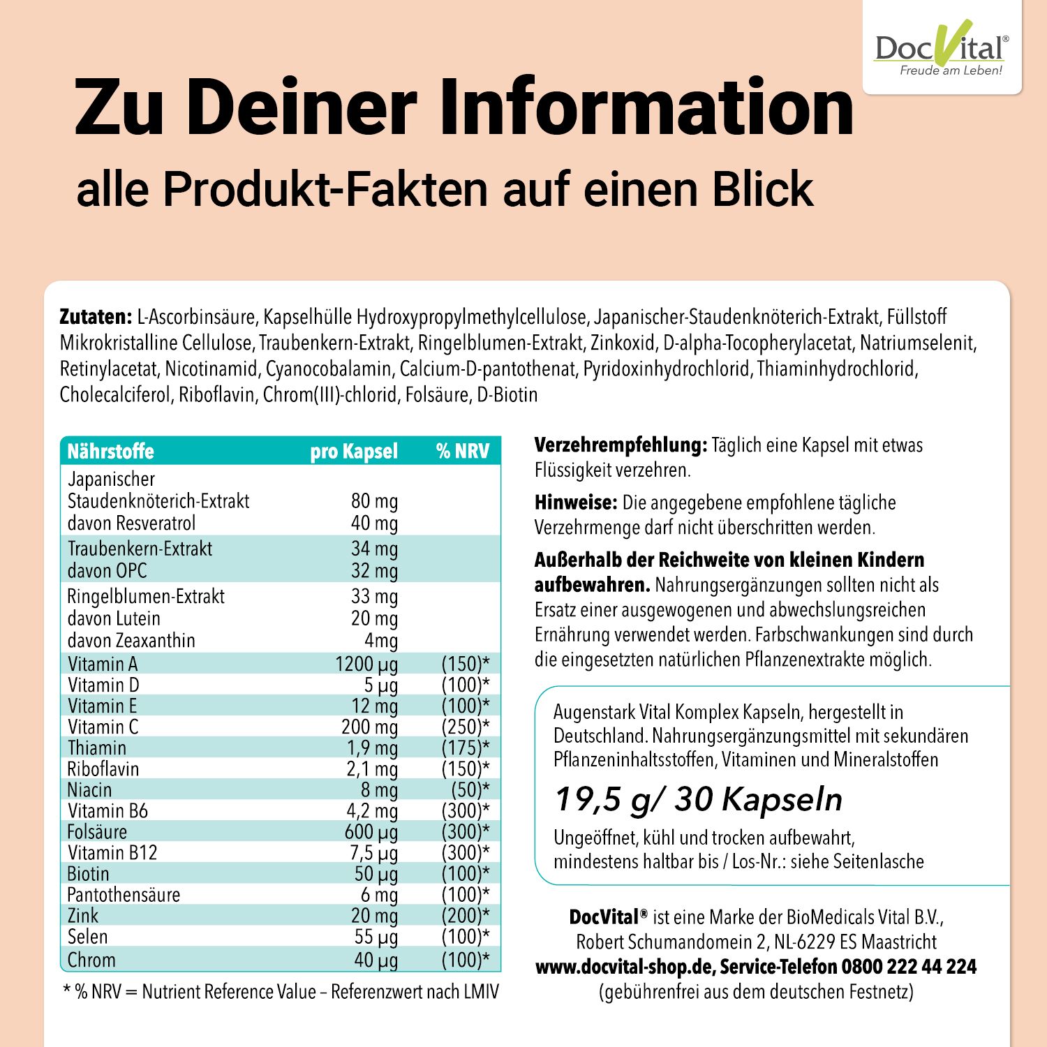 Augenvitamine Lutein Zeaxanthin Vitamin A - Augenstark Vital Komplex hochdosiert DocVital®