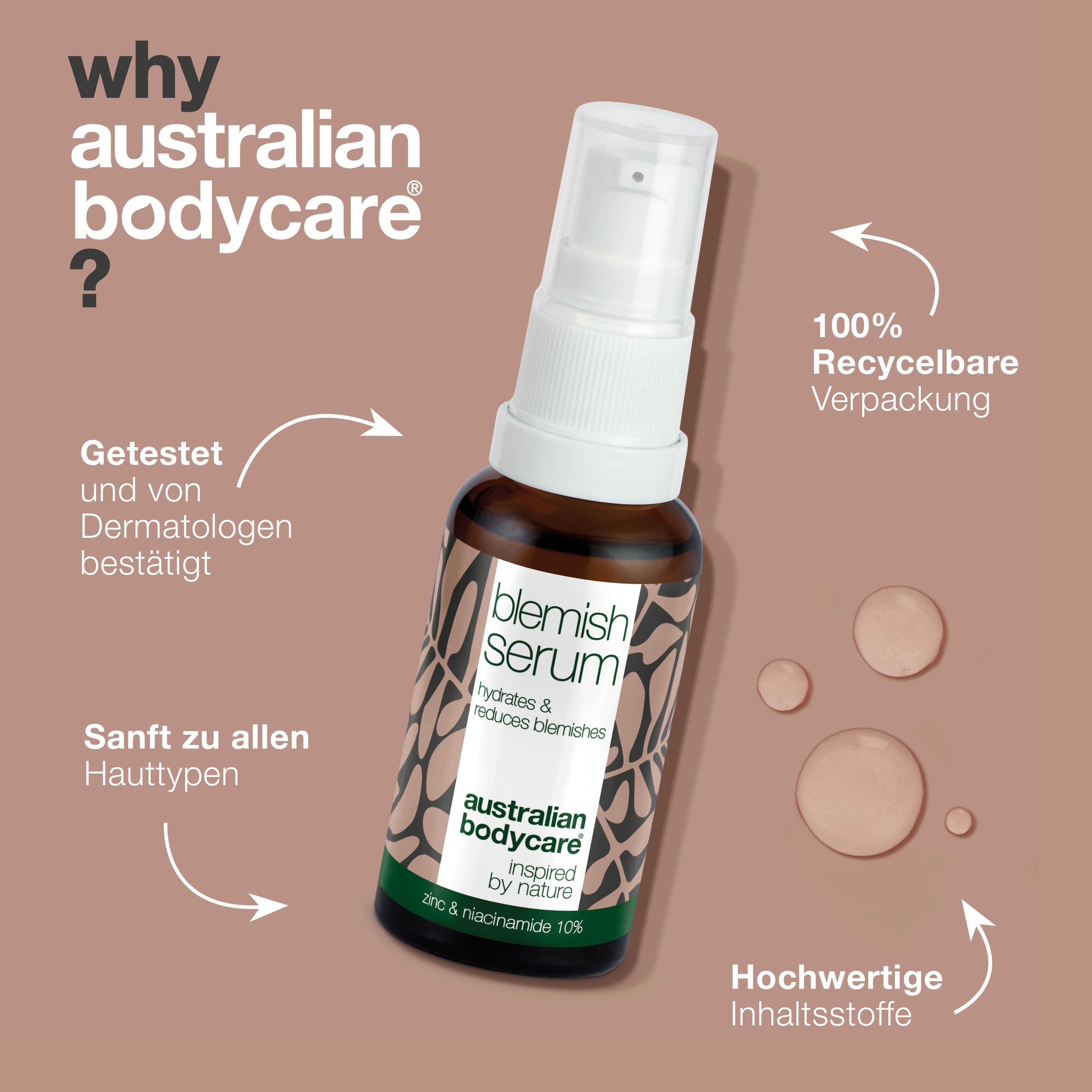 Text und Flasche Blemish Serum. Aufschrift: Blemish Serum, hydratisiert & reduziert Hautunreinheiten. Marke: Australian Bodycare.