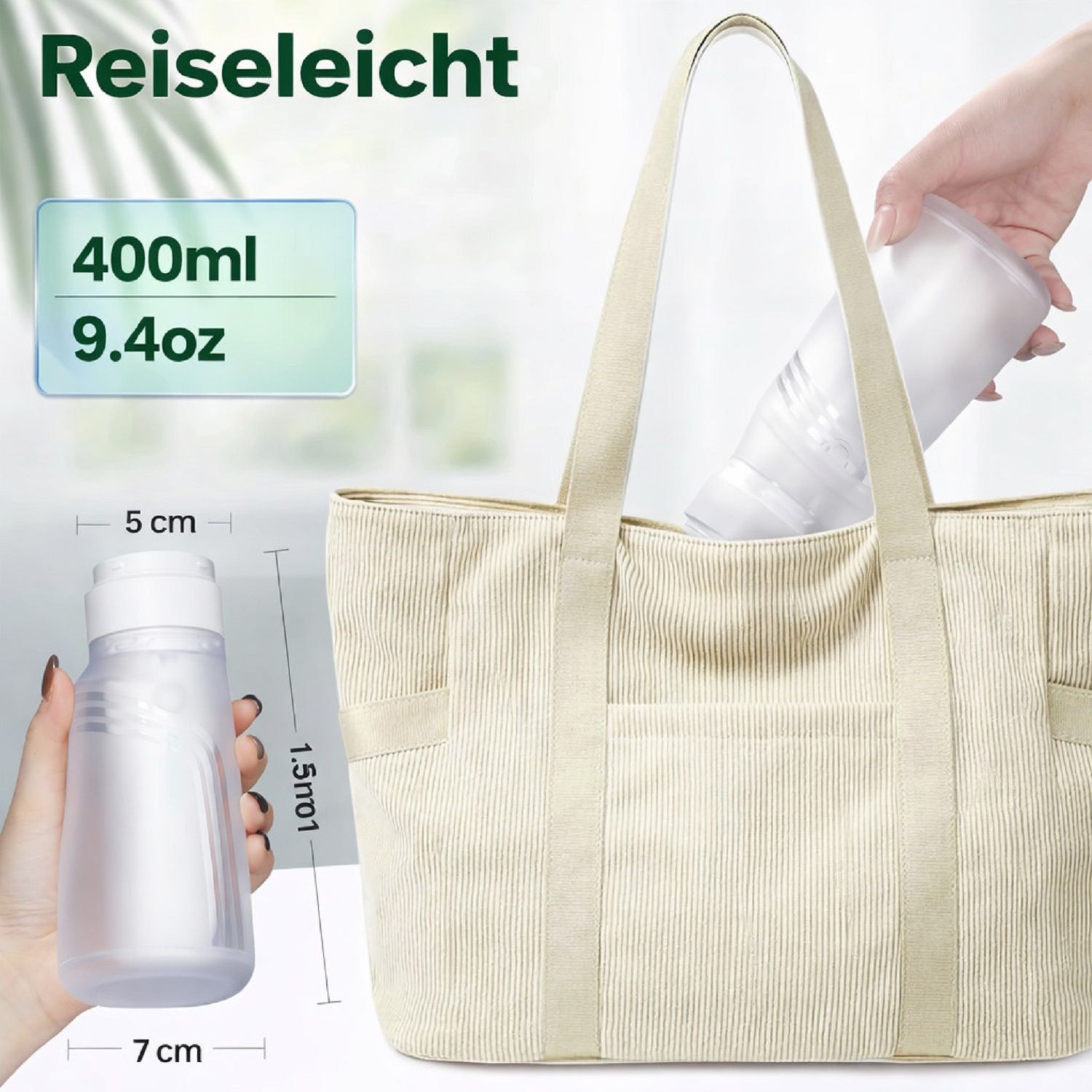 Weißes, tragbares Bidet, 400 ml, 9,4 oz. Abmessungen: 5 cm hoch, 7 cm breit. In einer beigen Tragetasche.