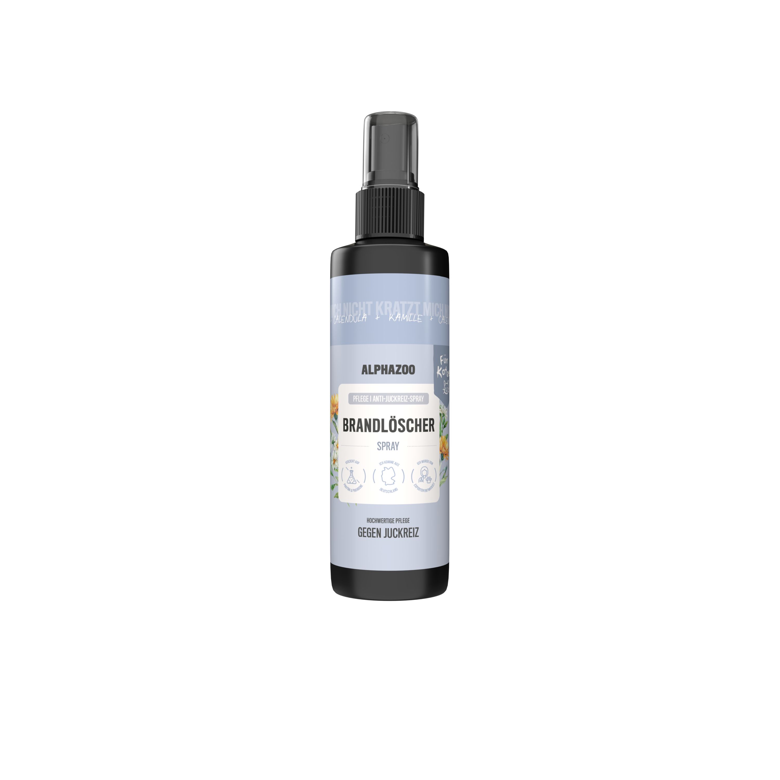Schwarze Sprühflasche mit weißer Aufschrift. Produktname: alphazoo Brandlöscher Spray. Mit floralem Design und Produktinformationen.