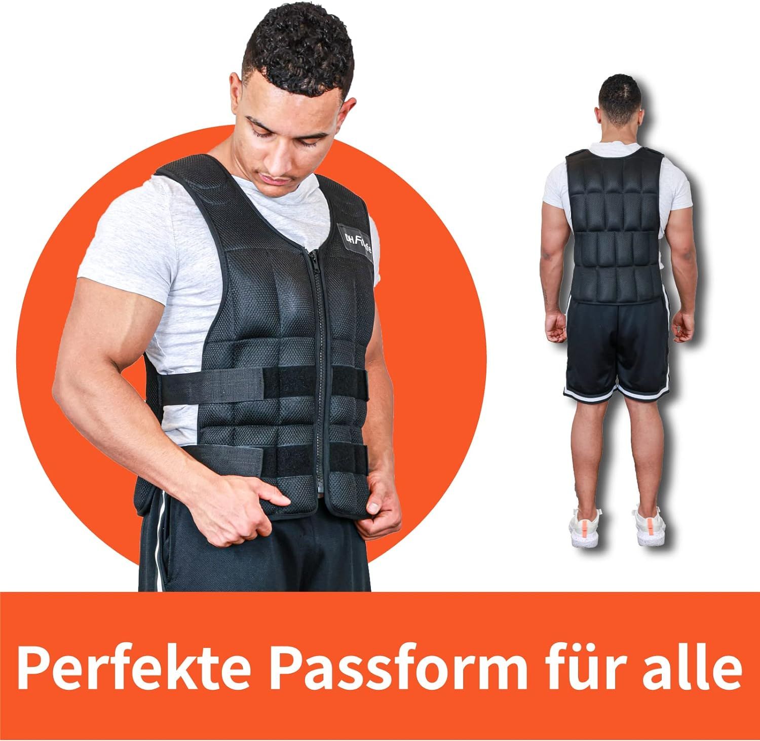 Mann trägt schwarze Gewichtsweste. Perfekte Passform. Rückansicht des Mannes in Shorts. DH FitLife Logo.