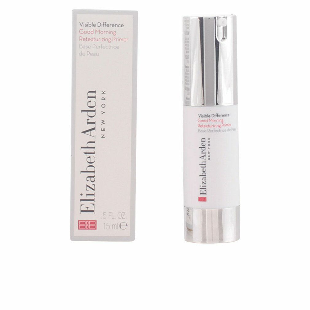 Produktflasche und Verpackung. Aufschrift: Visible Difference Good Morning Retexturizing Primer. Marke: Elizabeth Arden. Verpackung: 15 ml.