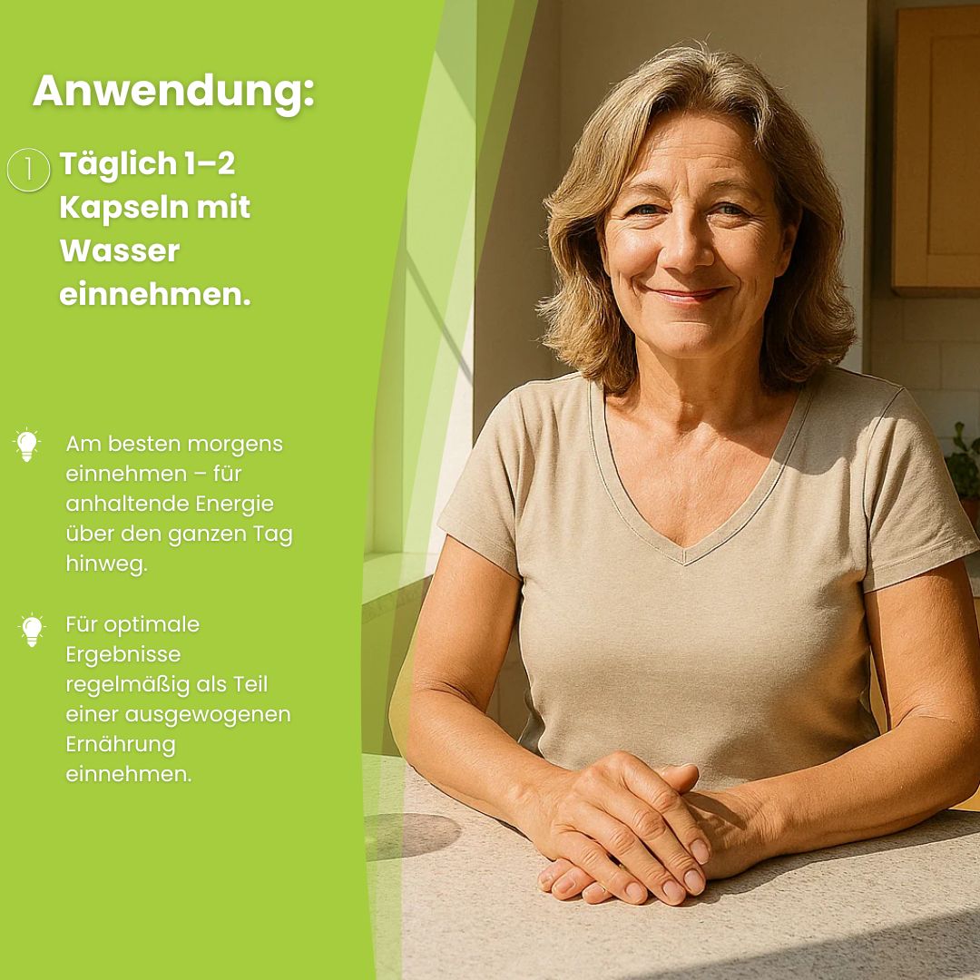 Frau sitzt an Tisch. Text: Anwendung: 1-2 Kapseln mit Wasser. Morgens einnehmen. Regelmäßig als Teil einer ausgewogenen Ernährung.