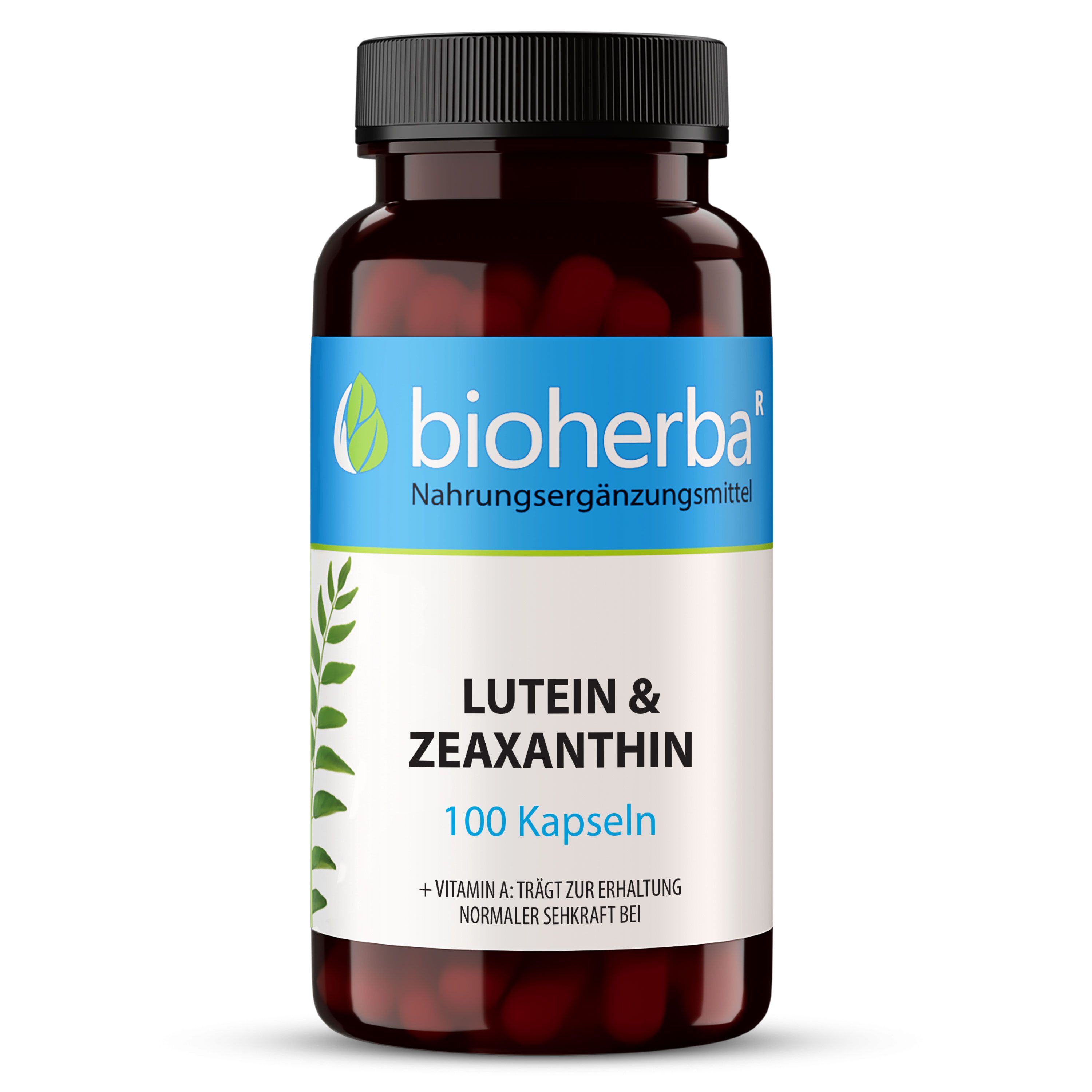 Braune Kapseln in einer braunen Glasflasche mit schwarzem Deckel. Aufschrift: Lutein & Zeaxanthin. Marke: Bioherba.
