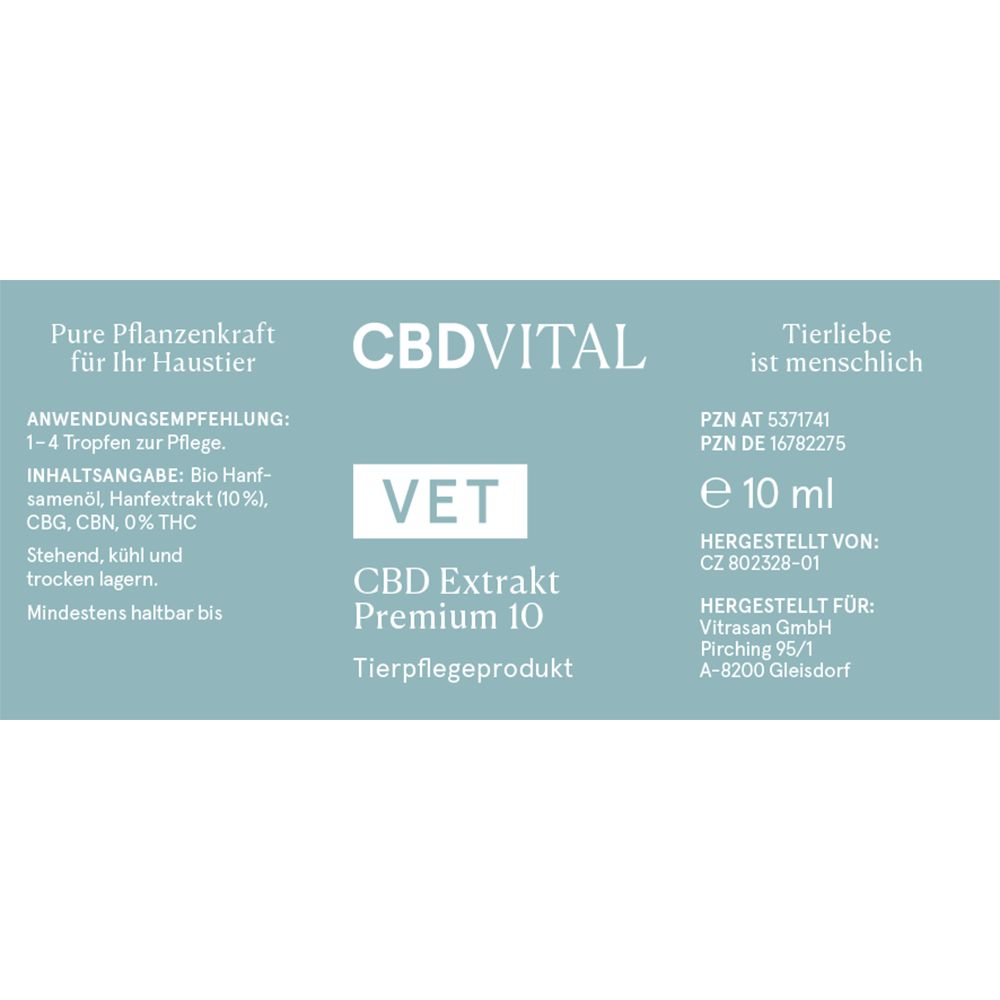Etikett mit Text: CBDVITAL, VET CBD Extrakt Premium 10, 10 ml. Enthält Hanfextrakt. PZN-Nummer.