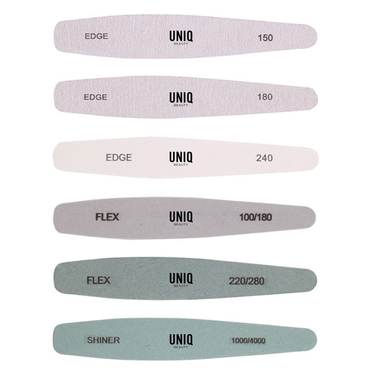 Sechs UNIQ Beauty Nagelfeilen in verschiedenen Körnungen: 150, 180, 240, 100/180, 220/280, 1000/4000.