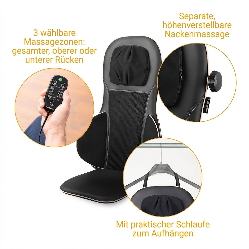 Rückseite der Massagesitzauflage mit verstellbarer Nackenmassage und Aufhängeöse.
