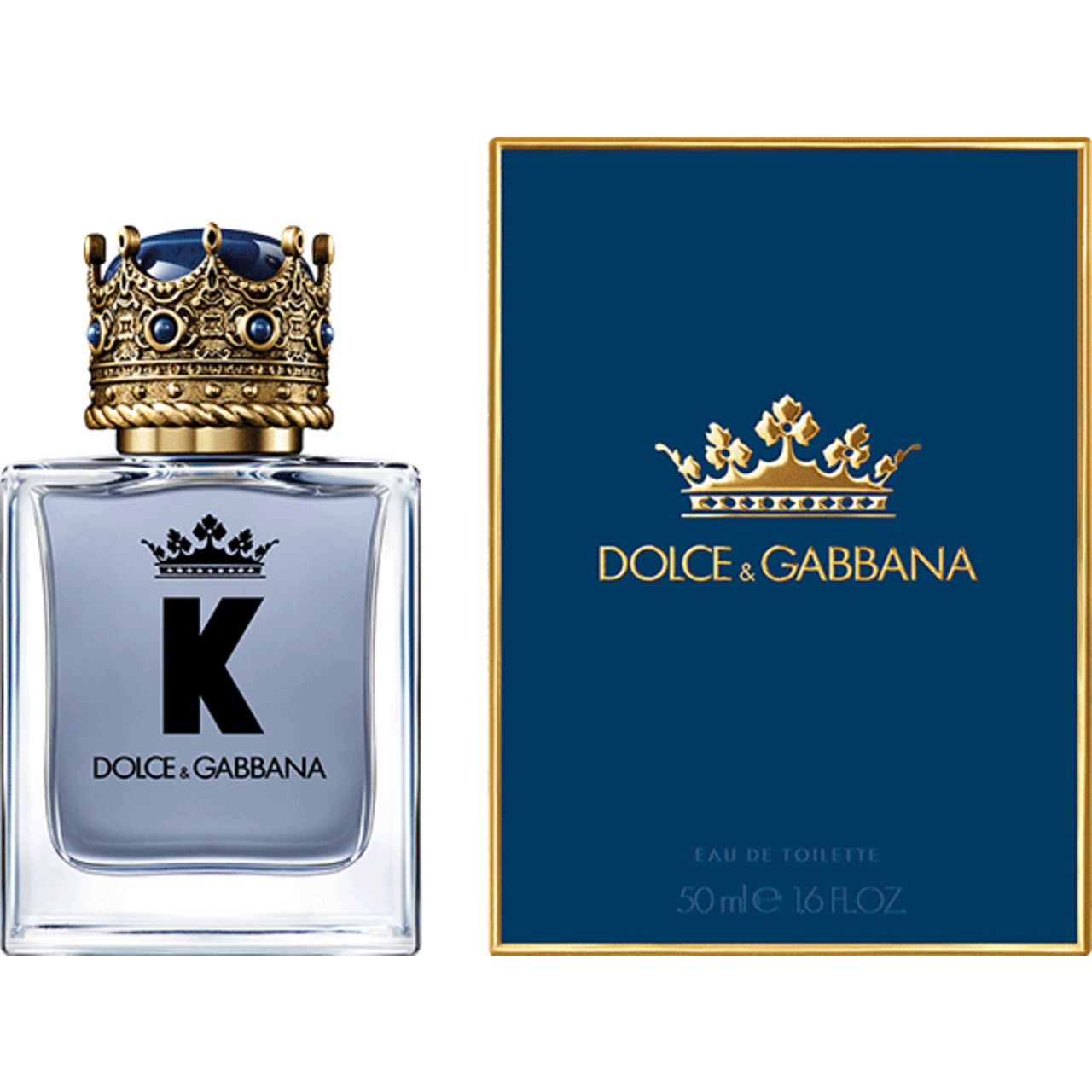 Flakon mit goldfarbenem Kronenverschluss und blauer Flüssigkeit. Blaue Schachtel mit goldener Krone und Dolce & Gabbana-Logo.