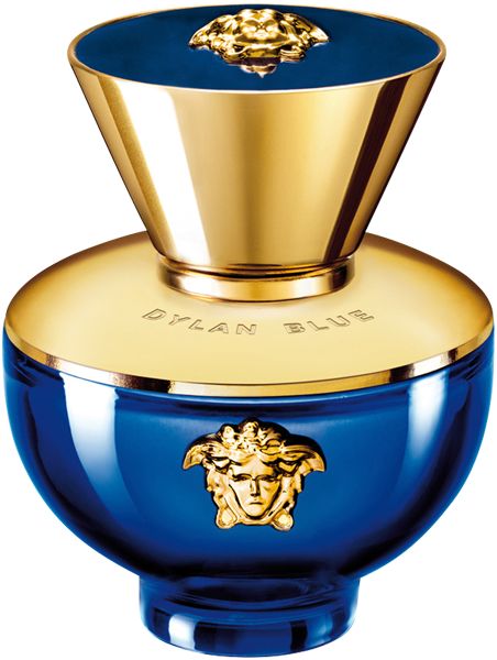 Blaues Parfumflakon mit goldenen Akzenten. Aufschrift: DYLAN BLUE. Goldener Deckel. Medusa-Logo.