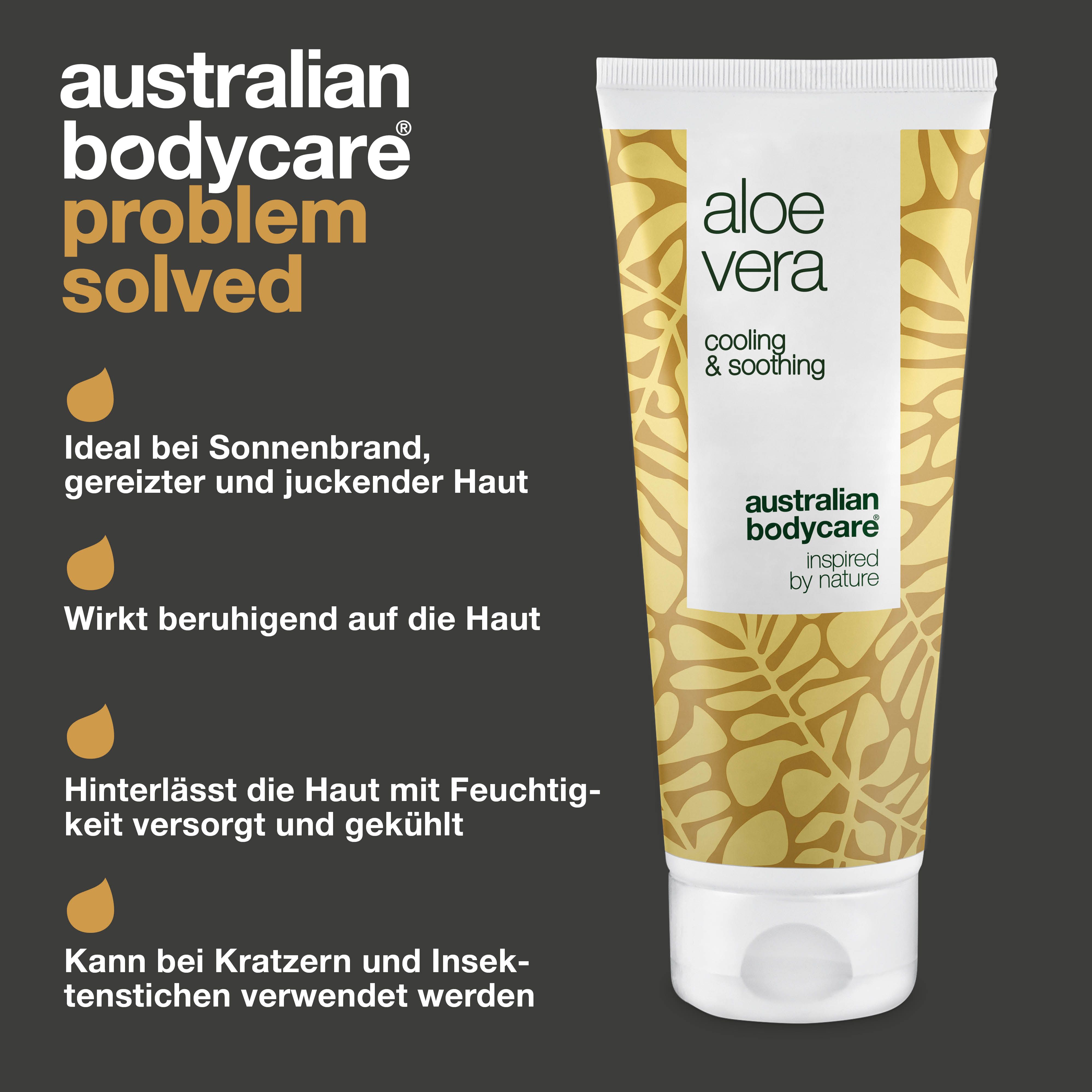 Tube Aloe Vera Gel. Aufschrift: Aloe Vera, Cooling & Soothing, Australian Bodycare. Text: Problem gelöst.