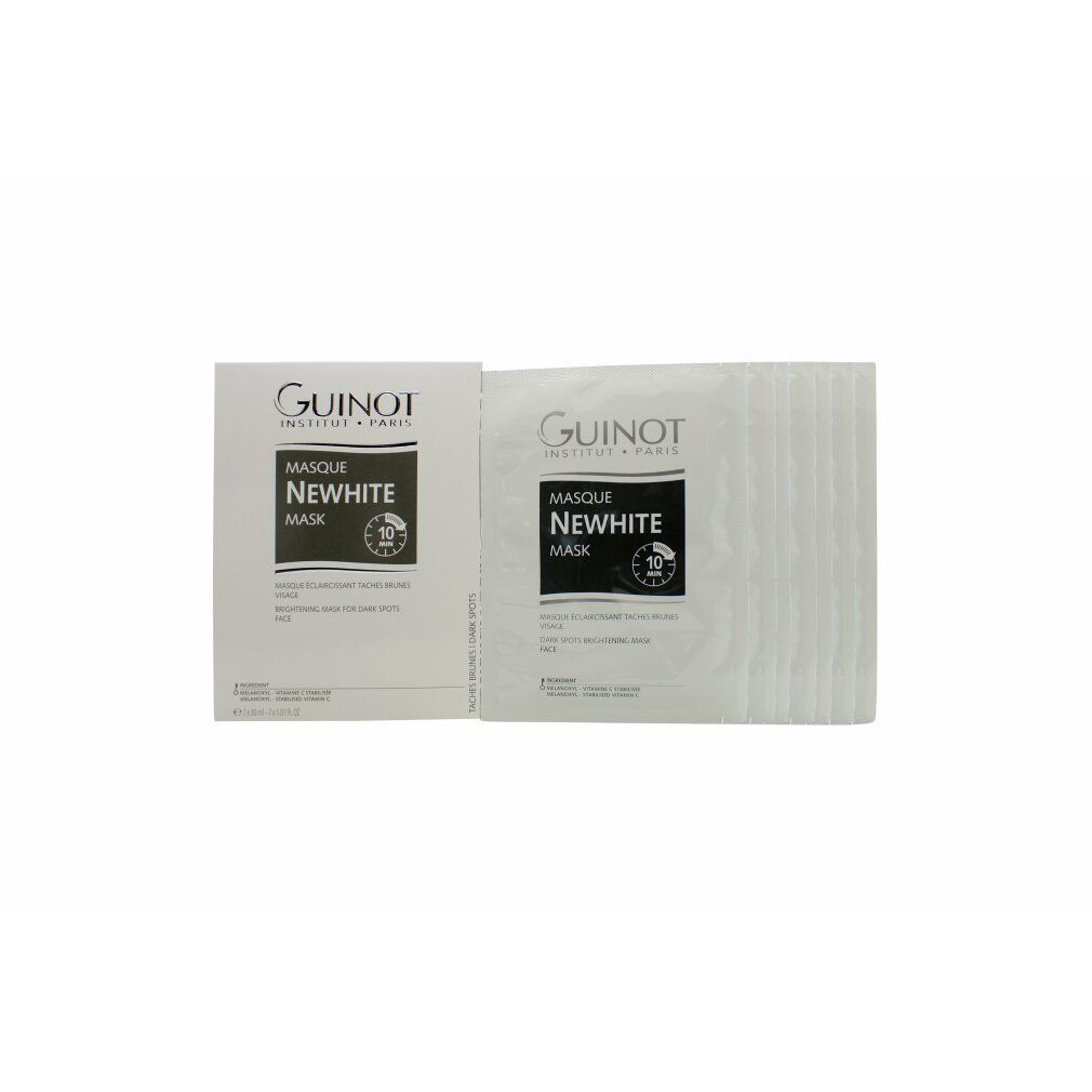 Guinot Newhite Mask, Einzelverpackung und Karton. Aufdruck: Newhite, Masque, 10 Min. Marke und Logo Guinot. Mehrere Einzelverpackungen.