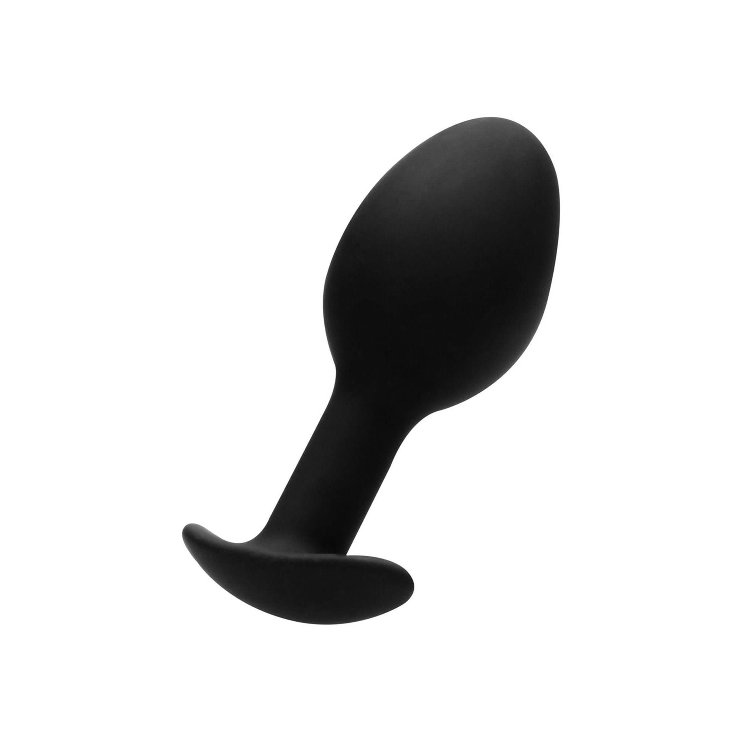 Schwarzer Butt Plug. Tropfenförmiger Kopf, konischer Schaft, abgerundeter Sockel.